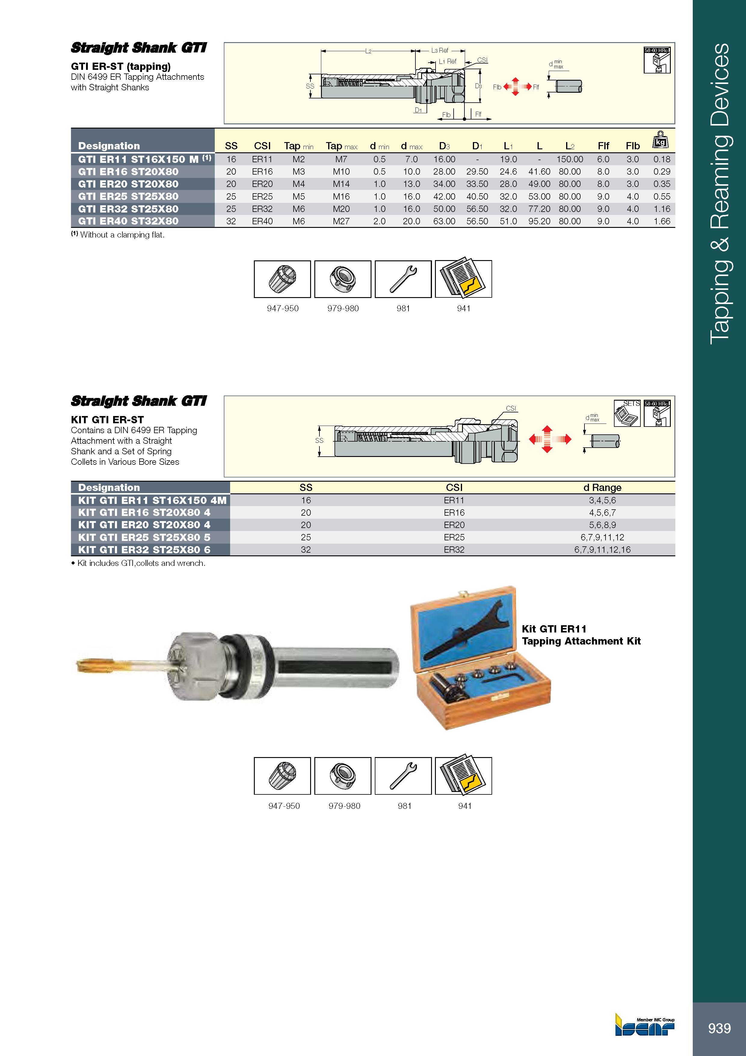 943 Straight Shank GTI GTI ER-ST (tapping) DIN 6499 ER Tapping Attachments with Straight Shanks Обозначение Designation SS CSI Tap min Tap max d min d max D3 D1 Каталог ISCAR 2017 Вращающийся металлорежущий инструмент и инструментальная оснастка для металлообрабатывающих станков Фрезы Сверла Развертки Расточные системы Стр. 939