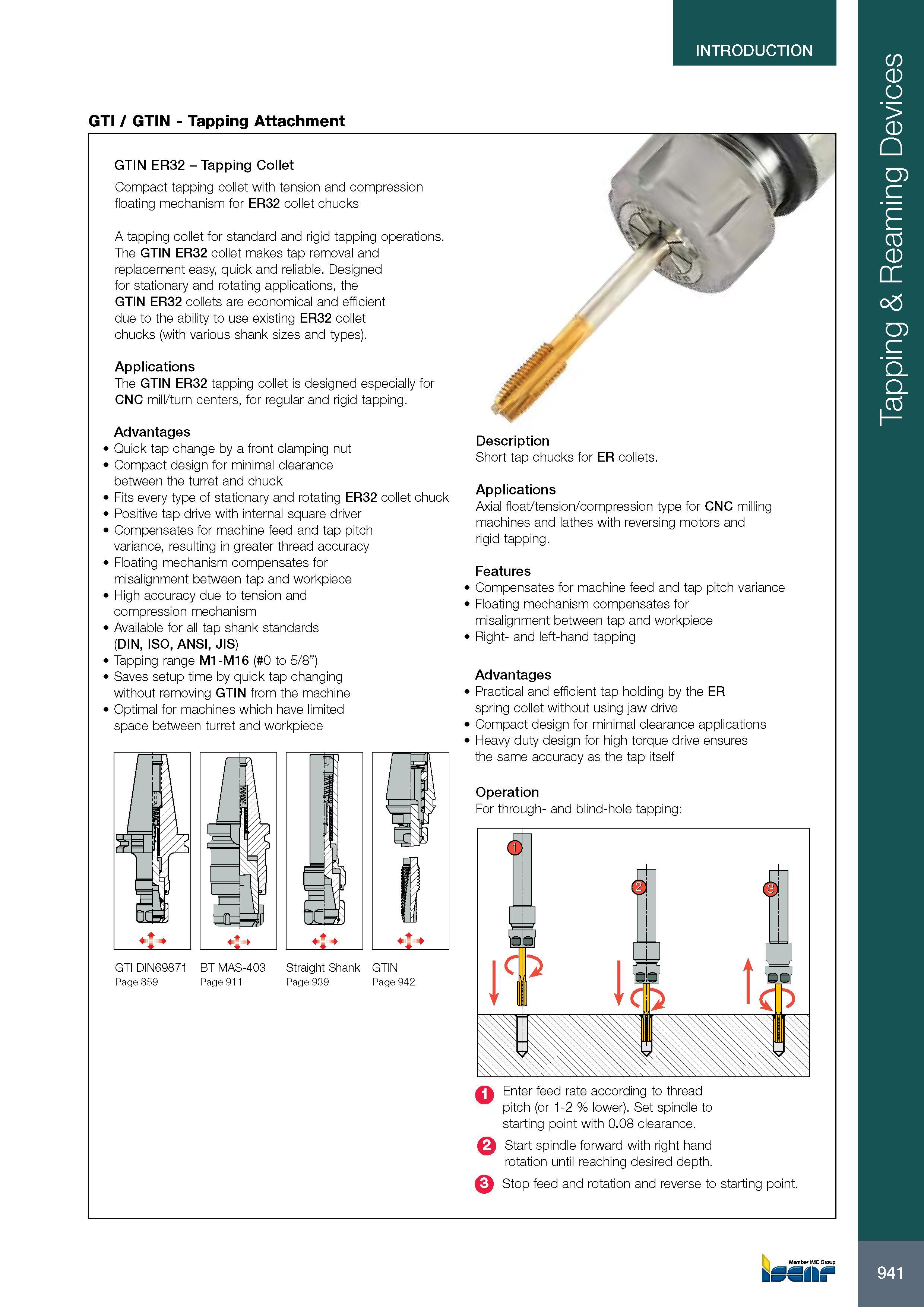 945 INTRODUCTION GTI / GTIN - Tapping Attachment GTIN ER32 - Tapping Collet Compact tapping collet with tension and compression floating mechanism for ER32 coll Каталог ISCAR 2017 Вращающийся металлорежущий инструмент и инструментальная оснастка для металлообрабатывающих станков Фрезы Сверла Развертки Расточные системы Стр. 941