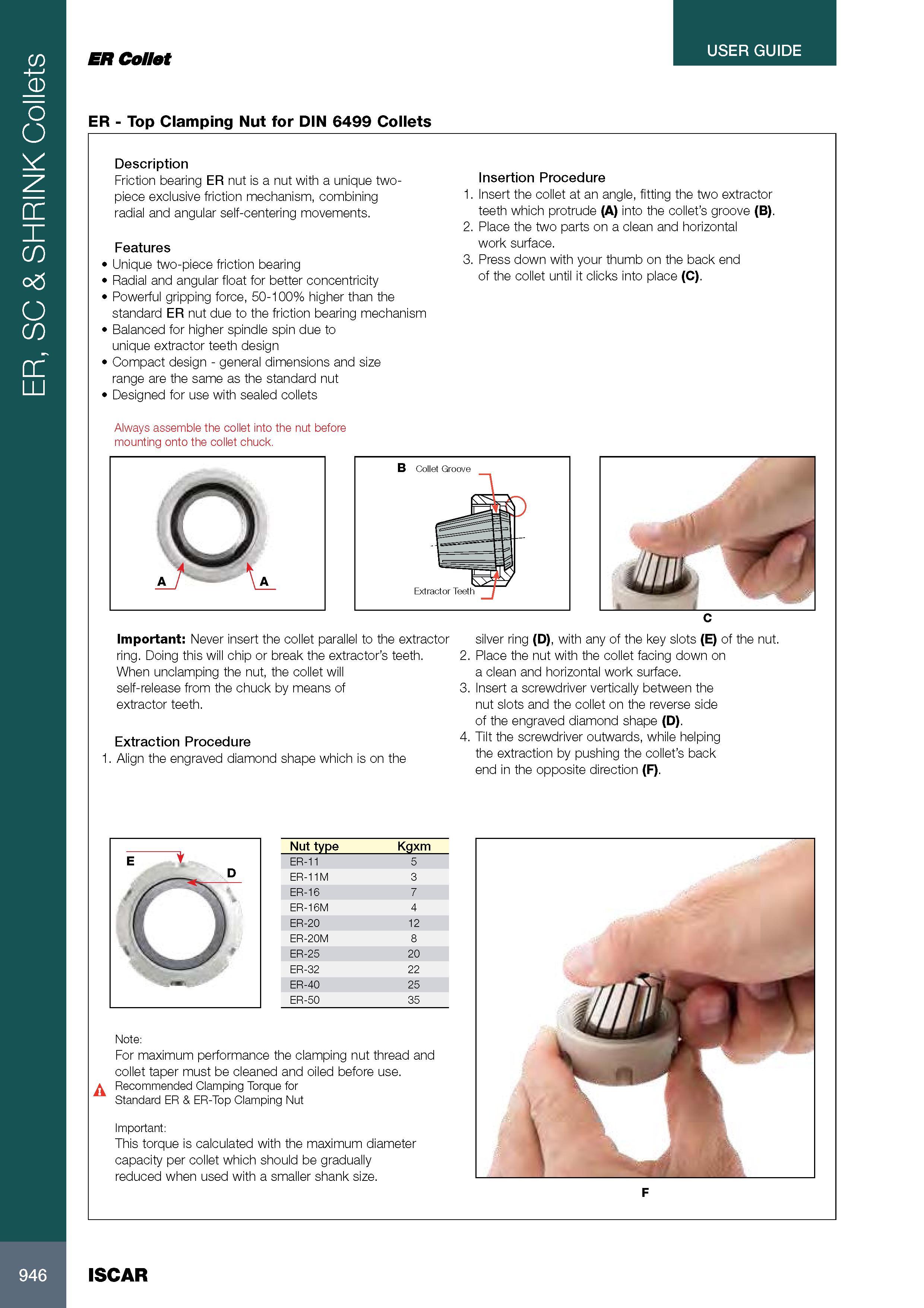 950 ER, SC & SHRINK Collets USER GUIDE ER Collet ER - Top Clamping Nut for DIN 6499 Collets Description Friction bearing ER nut is a nut with a unique two-piece Каталог ISCAR 2017 Вращающийся металлорежущий инструмент и инструментальная оснастка для металлообрабатывающих станков Фрезы Сверла Развертки Расточные системы Стр. 946
