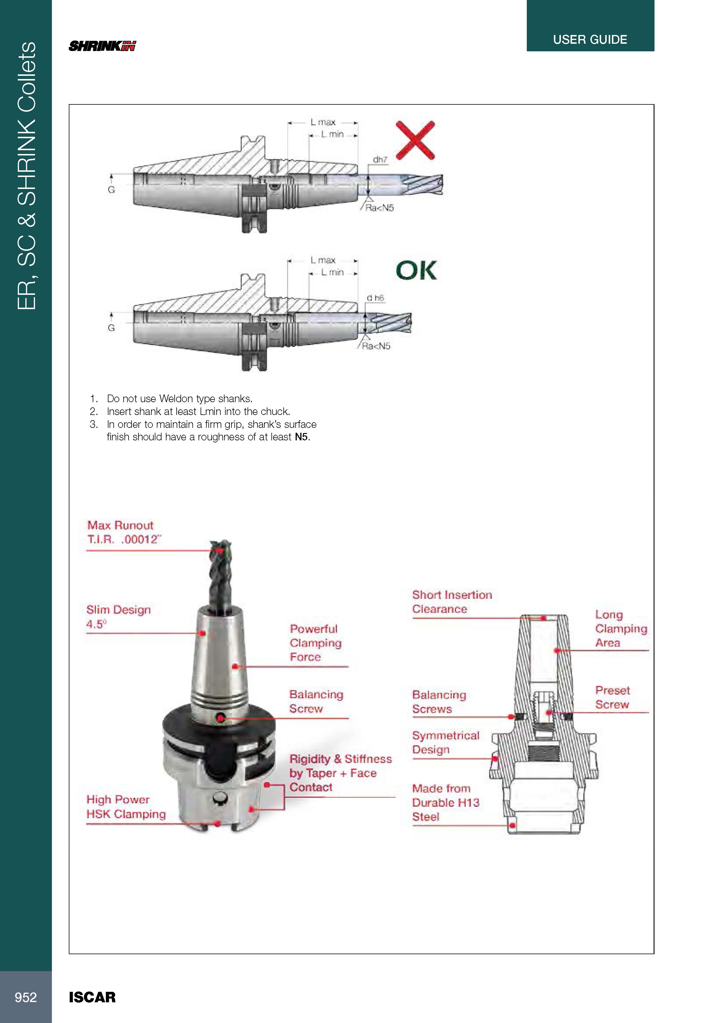 956 ER, SC & SHRINK Collets USER GUIDE SHRINKS 1 Do not use Weldon type shanks 2 Insert shank at least Lmin into the chuck 3 In order to maintain a firm grip, s Каталог ISCAR 2017 Вращающийся металлорежущий инструмент и инструментальная оснастка для металлообрабатывающих станков Фрезы Сверла Развертки Расточные системы Стр. 952