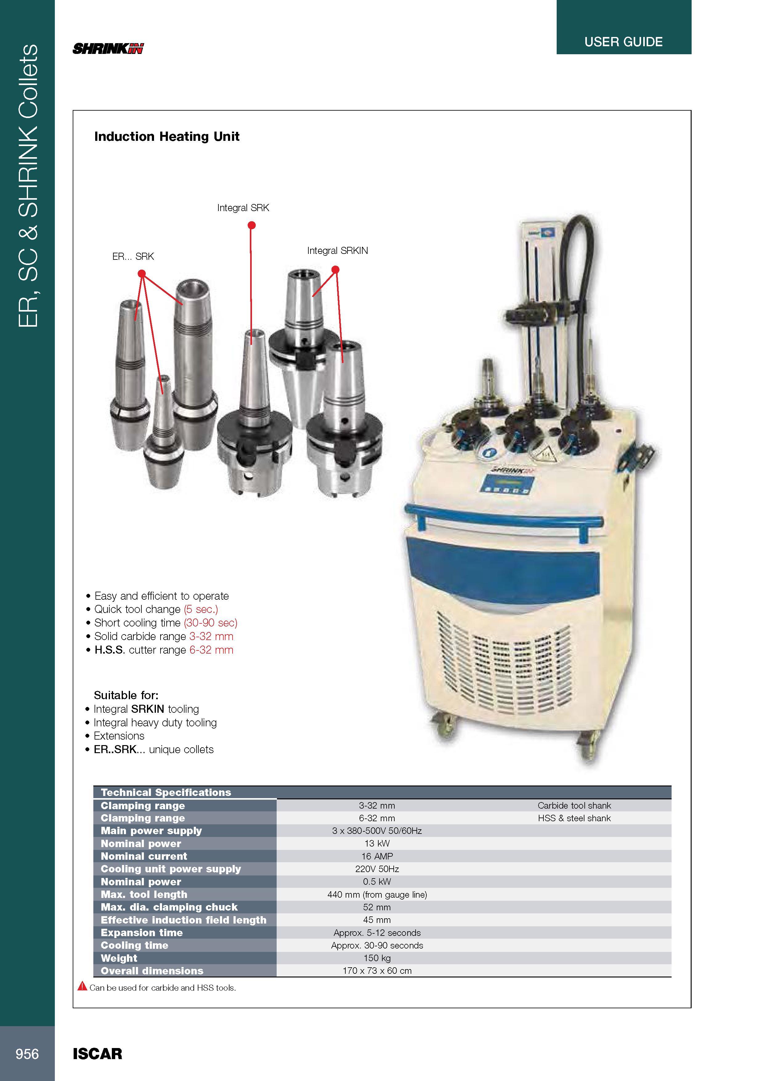 960 ER, SC & SHRINK Collets USER GUIDE SHRINKS Induction Heating Unit Integral SRK ER SRK Easy and efficient to operate Quick tool change (5 sec ) Short cooling Каталог ISCAR 2017 Вращающийся металлорежущий инструмент и инструментальная оснастка для металлообрабатывающих станков Фрезы Сверла Развертки Расточные системы Стр. 956