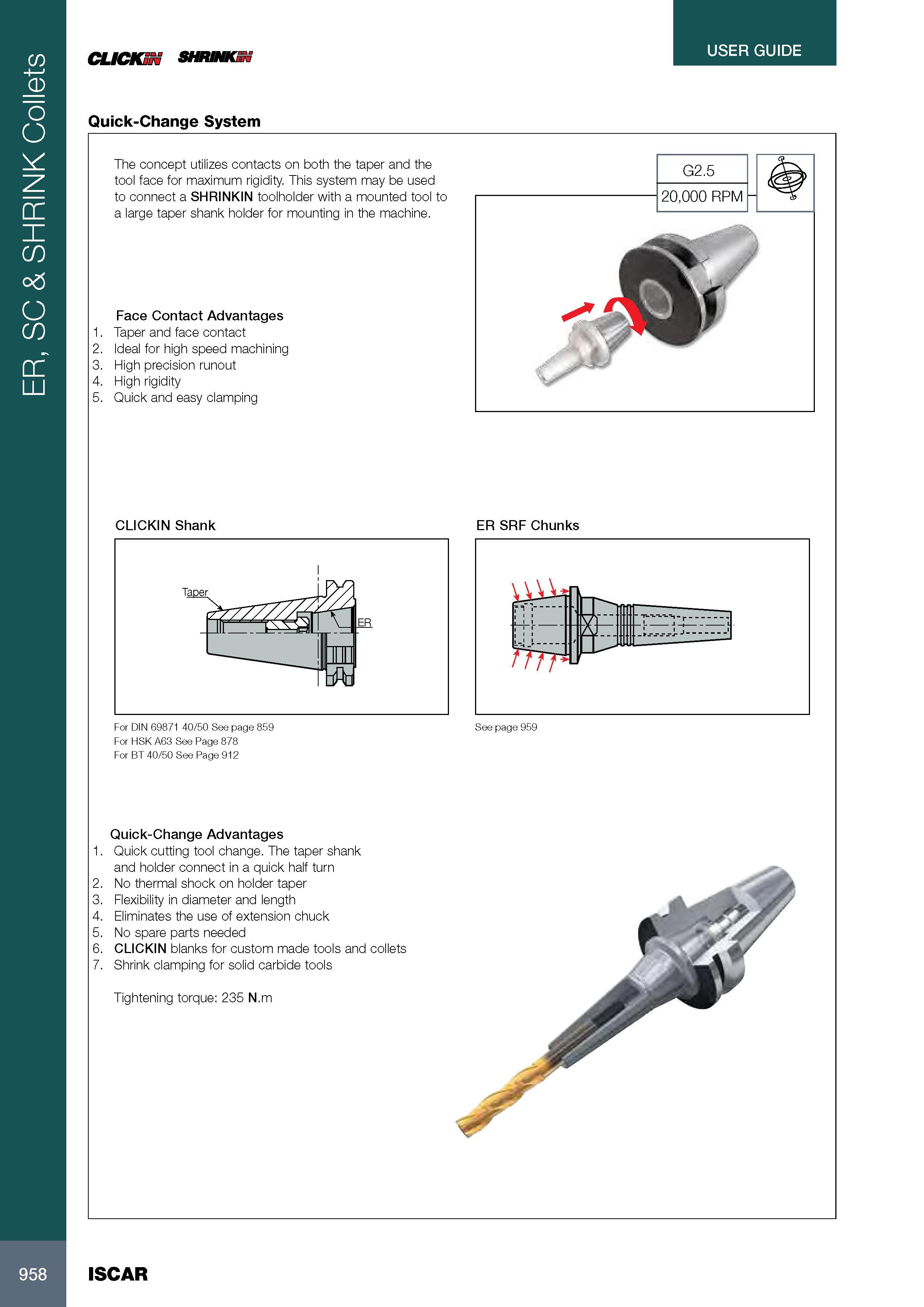 962 ER, SC & SHRINK Collets 958 CLICKiN SHRINKS, Quick-Change System USER GUIDE The concept utilizes contacts on both the taper and the tool face for maximum ri Каталог ISCAR 2017 Вращающийся металлорежущий инструмент и инструментальная оснастка для металлообрабатывающих станков Фрезы Сверла Развертки Расточные системы Стр. 958