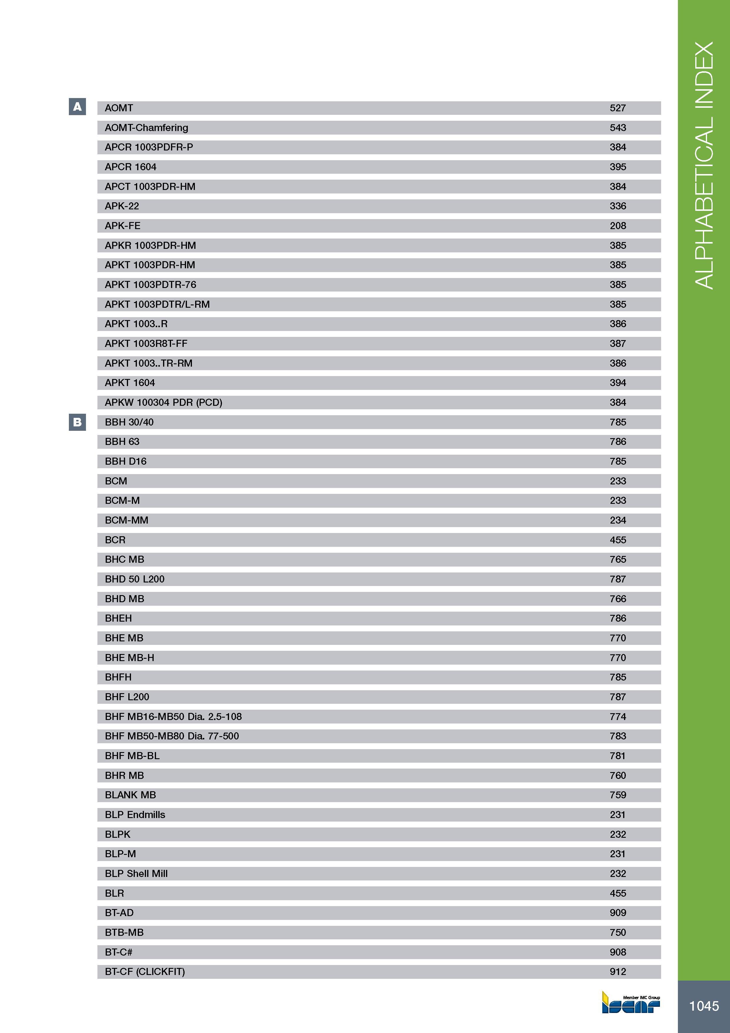 1049 A B AOMT 527 AOMT-Chamfering 543 APCR 1003PDFR-P 384 APCR 1604 395 APCT 1003PDR-HM 384 APK-22 336 APK-FE 208 APKR 1003PDR-HM 385 APKT 1003PDR-HM 385 APKT 10 Каталог ISCAR 2017 Вращающийся металлорежущий инструмент и инструментальная оснастка для металлообрабатывающих станков Фрезы Сверла Развертки Расточные системы Стр. 1045