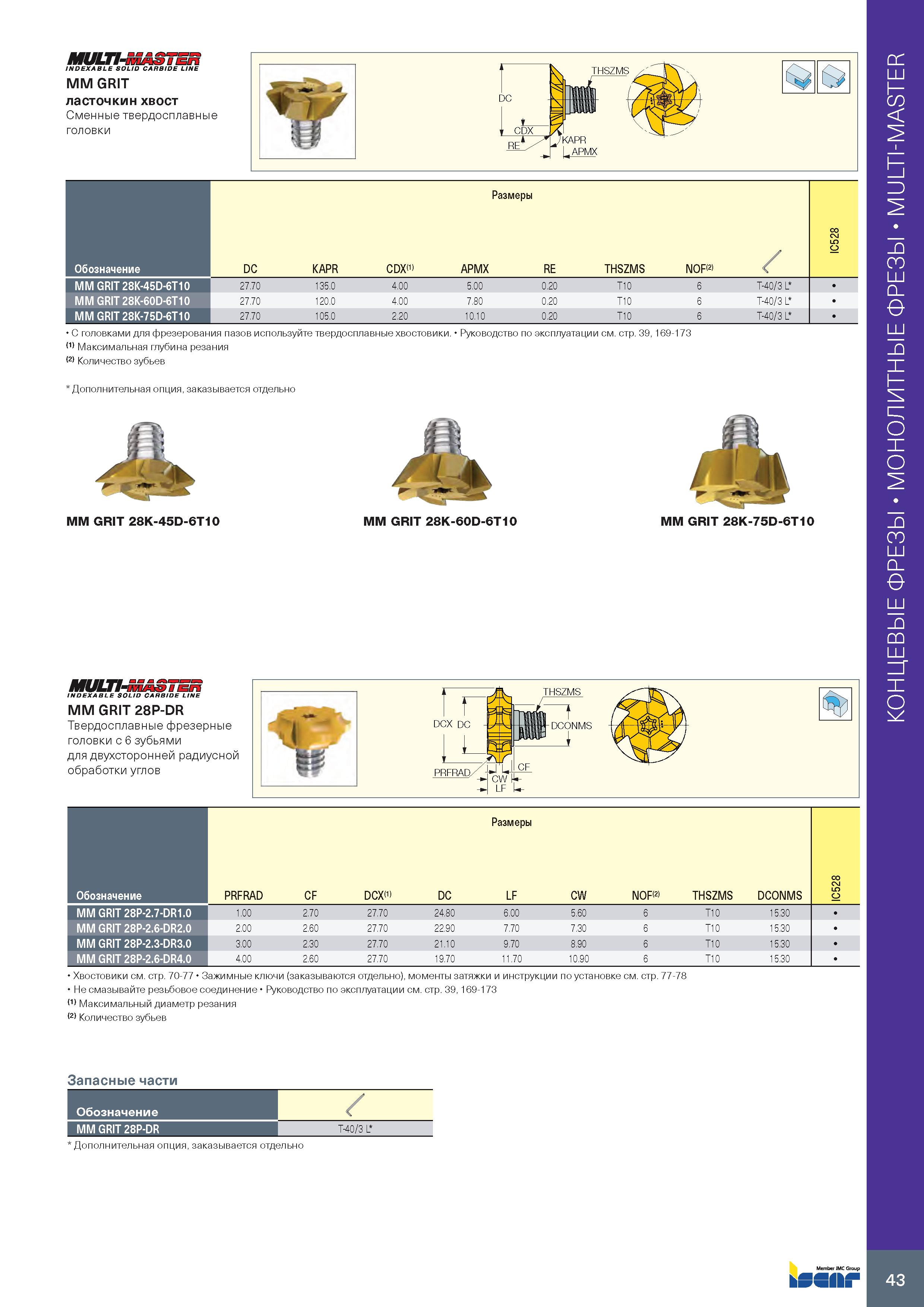47 MULTI-MASTER INDEXABLE SOLID CARBIDE LINE MM GRIT ласточкин хвост Сменные твердосплавные головки Обозначение MM GRIT 28K-45D-6T10 MM GRIT 28K-60D Каталог ISCAR 2020 Фрезы твердосплавные монолитные и сборные Сверла спиральные с СМП Пластины режущие сменные Вспомогательный инструмент для станков по металлу Стр. 43