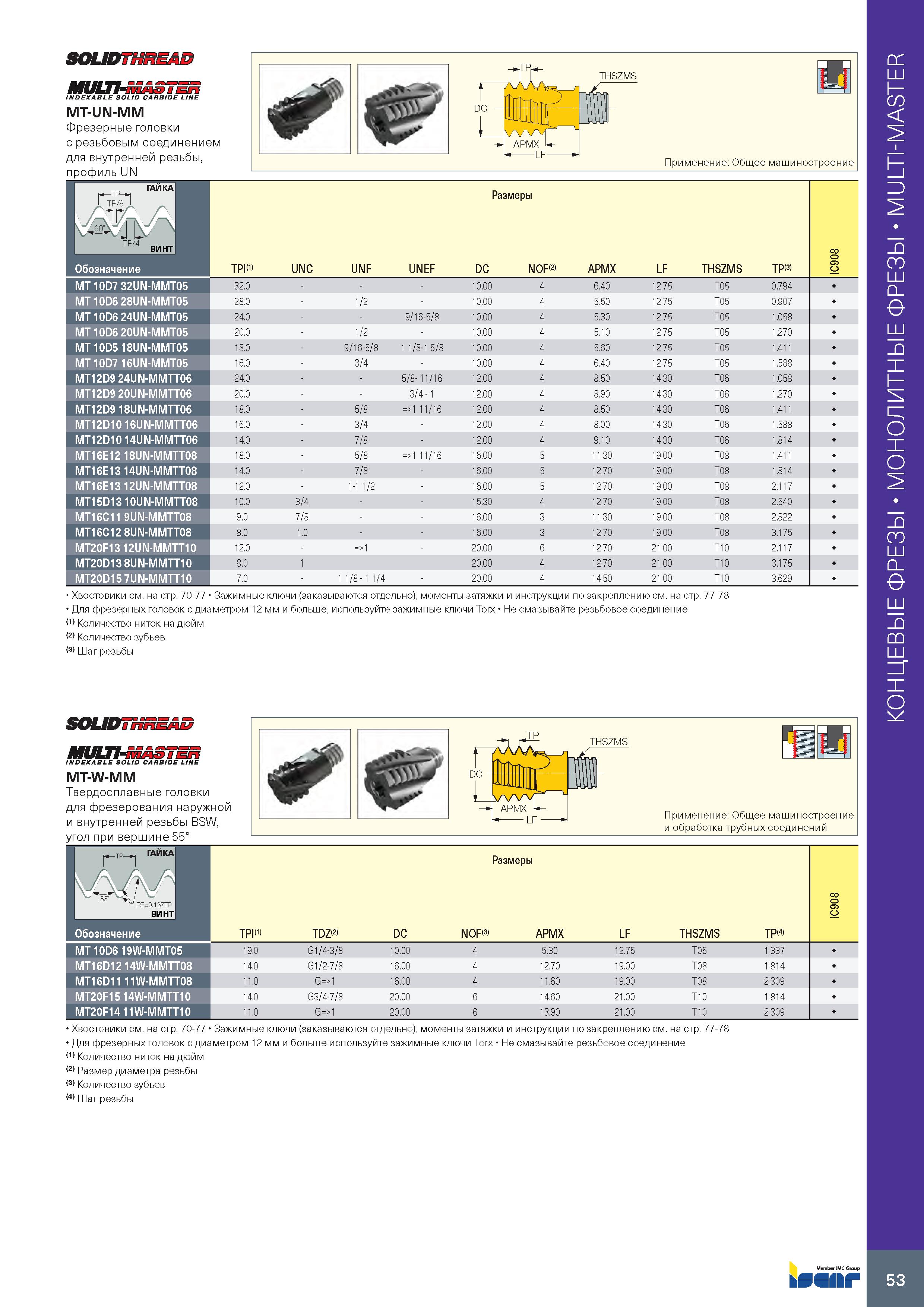 57 SOUDTHnEAB multi-master INDEXABLE SOLID CARBIDE LINE MT-UN-MM Фрезерные головки с резьбовым соединением для внутренней резьбы, профиль UN Примене Каталог ISCAR 2020 Фрезы твердосплавные монолитные и сборные Сверла спиральные с СМП Пластины режущие сменные Вспомогательный инструмент для станков по металлу Стр. 53
