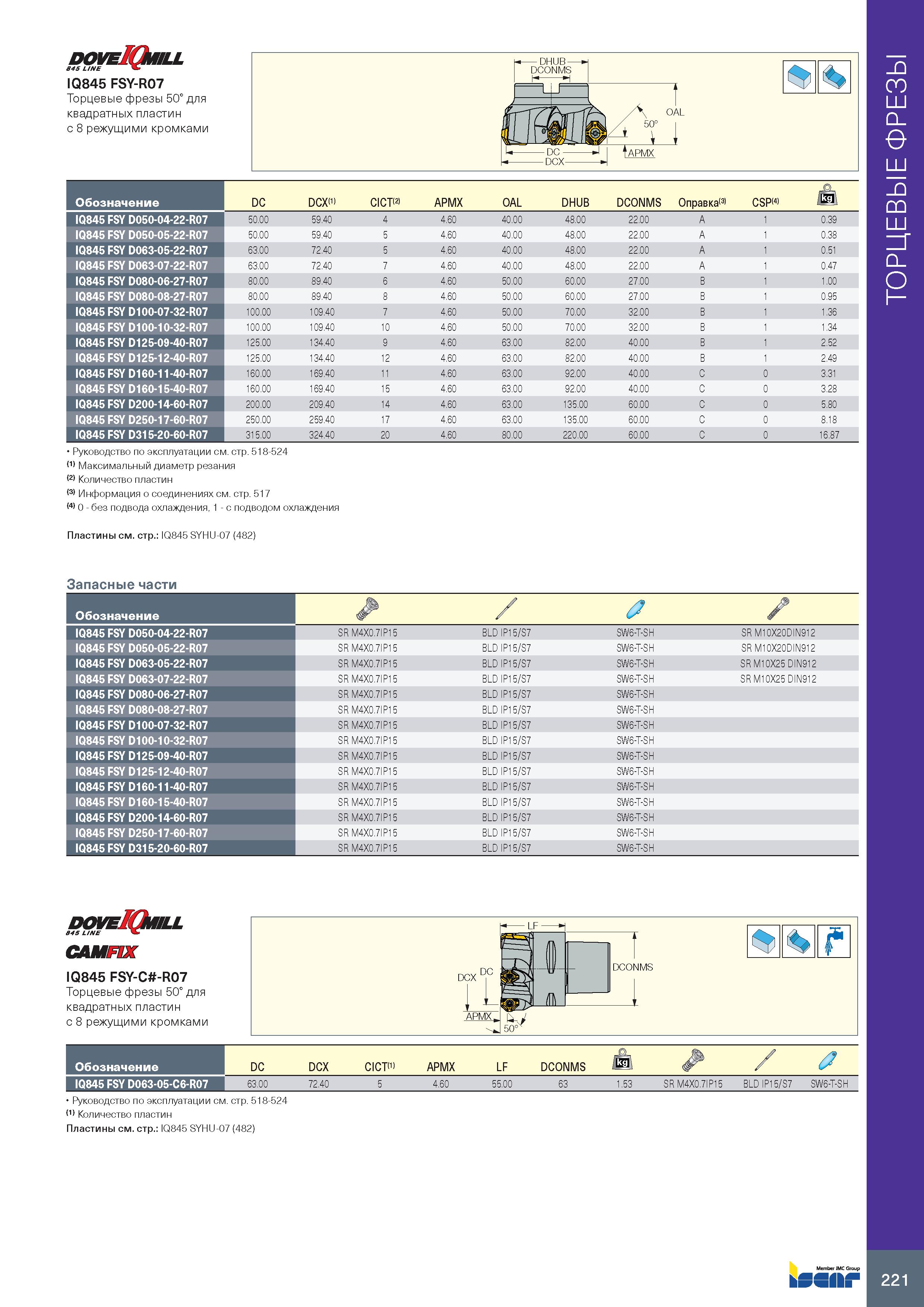 225 doveIQi/iill 845 LINE IQ845 FSY-R07 Торцевые фрезы 50° для квадратных пластин с 8 режущими кромками Обозначение DC dcx(1) CICT 2> APMX OAL DHUB D Каталог ISCAR 2020 Фрезы твердосплавные монолитные и сборные Сверла спиральные с СМП Пластины режущие сменные Вспомогательный инструмент для станков по металлу Стр. 221