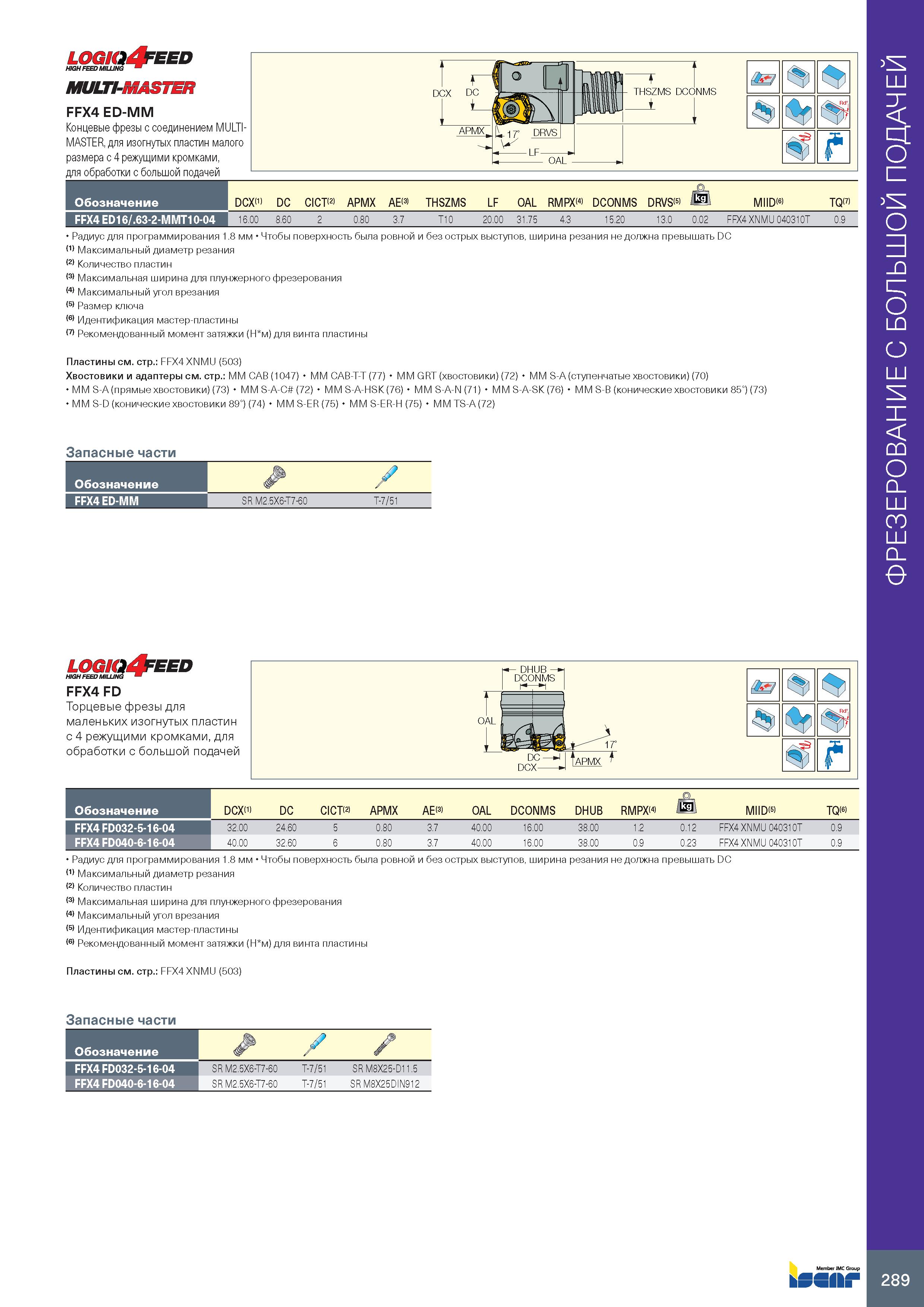 293 LOl 3 FEED HIGH FEED MILLING m MULTI-MASTER FFX4 ED-MM Концевые фрезы с соединением MULTIMASTER, для изогнутых пластин малого размера с 4 режущим Каталог ISCAR 2020 Фрезы твердосплавные монолитные и сборные Сверла спиральные с СМП Пластины режущие сменные Вспомогательный инструмент для станков по металлу Стр. 289