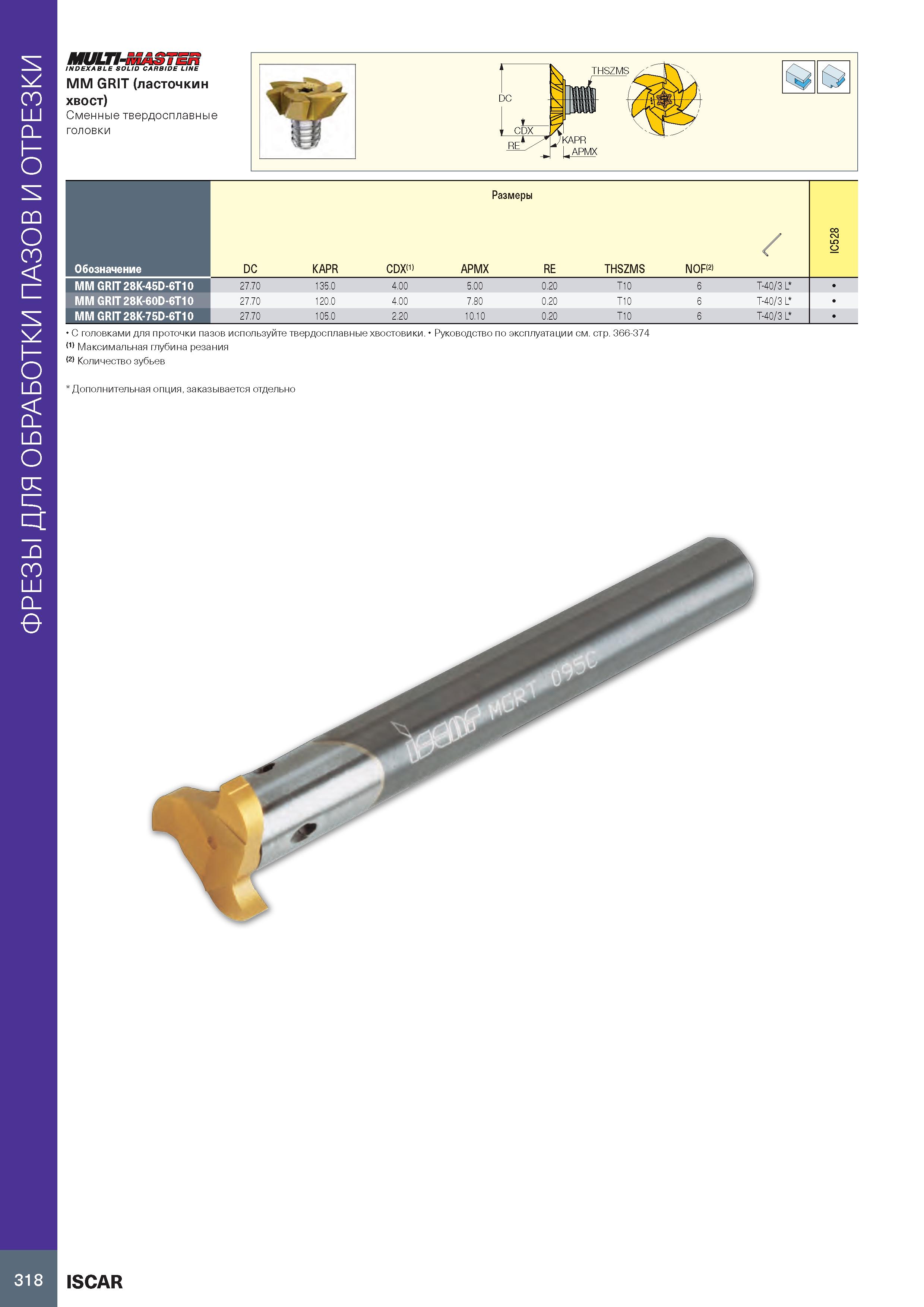 322 ФРЕЗЫ ДЛЯ ОБРАБОТКИ ПАЗОВ И ОТРЕЗКИ MULTI- INDEXABLE SOLID CARBIDE LINE MM GRIT (ласточкин хвост) Сменные твердосплавные головки Обозначение Разм Каталог ISCAR 2020 Фрезы твердосплавные монолитные и сборные Сверла спиральные с СМП Пластины режущие сменные Вспомогательный инструмент для станков по металлу Стр. 318