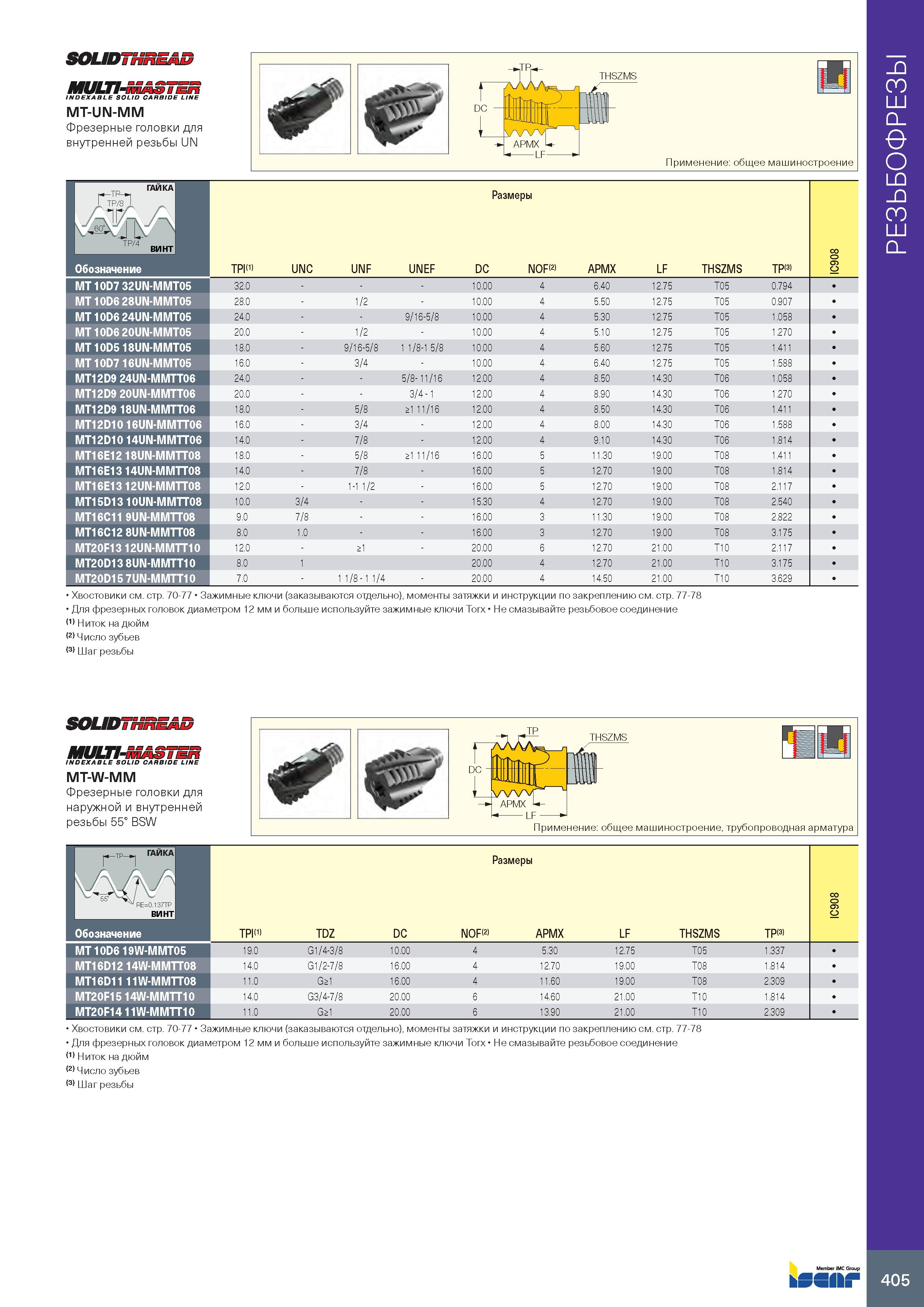 409 SOUDTHnk multi-, INDEXABLE SOLID CARBIDE LINE MT-UN-MM Фрезерные головки для внутренней резьбы UN Применение: общее машиностроение p-TP-n TP/8 Ра Каталог ISCAR 2020 Фрезы твердосплавные монолитные и сборные Сверла спиральные с СМП Пластины режущие сменные Вспомогательный инструмент для станков по металлу Стр. 405
