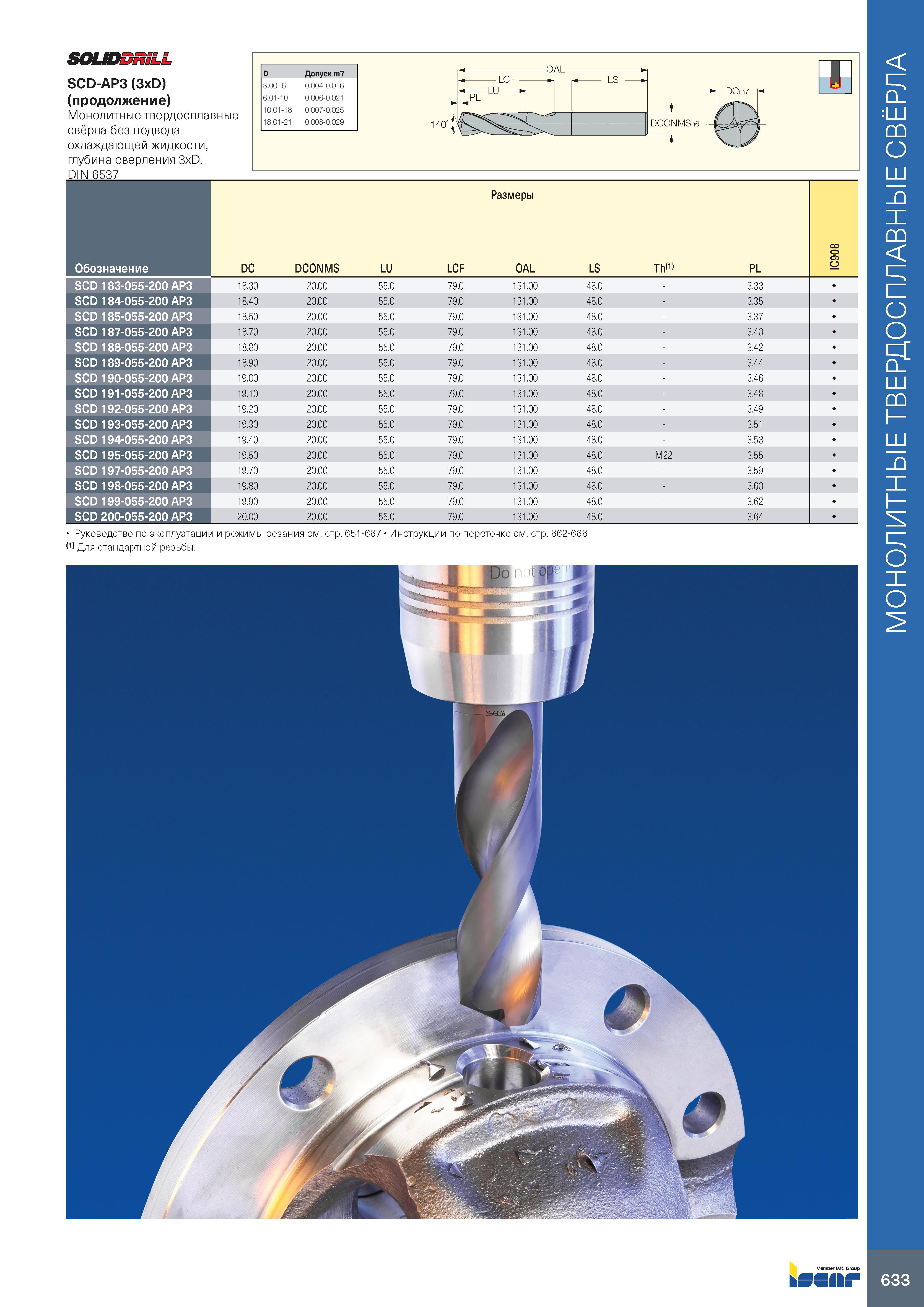 637 SOUDDRiLL SCD-AP3 (3xD) (продолжение) Монолитные твердосплавные свёрла без подвода охлаждающей жидкости, глубина сверления 3xD, DIN 6537 140° -OA Каталог ISCAR 2020 Фрезы твердосплавные монолитные и сборные Сверла спиральные с СМП Пластины режущие сменные Вспомогательный инструмент для станков по металлу Стр. 633