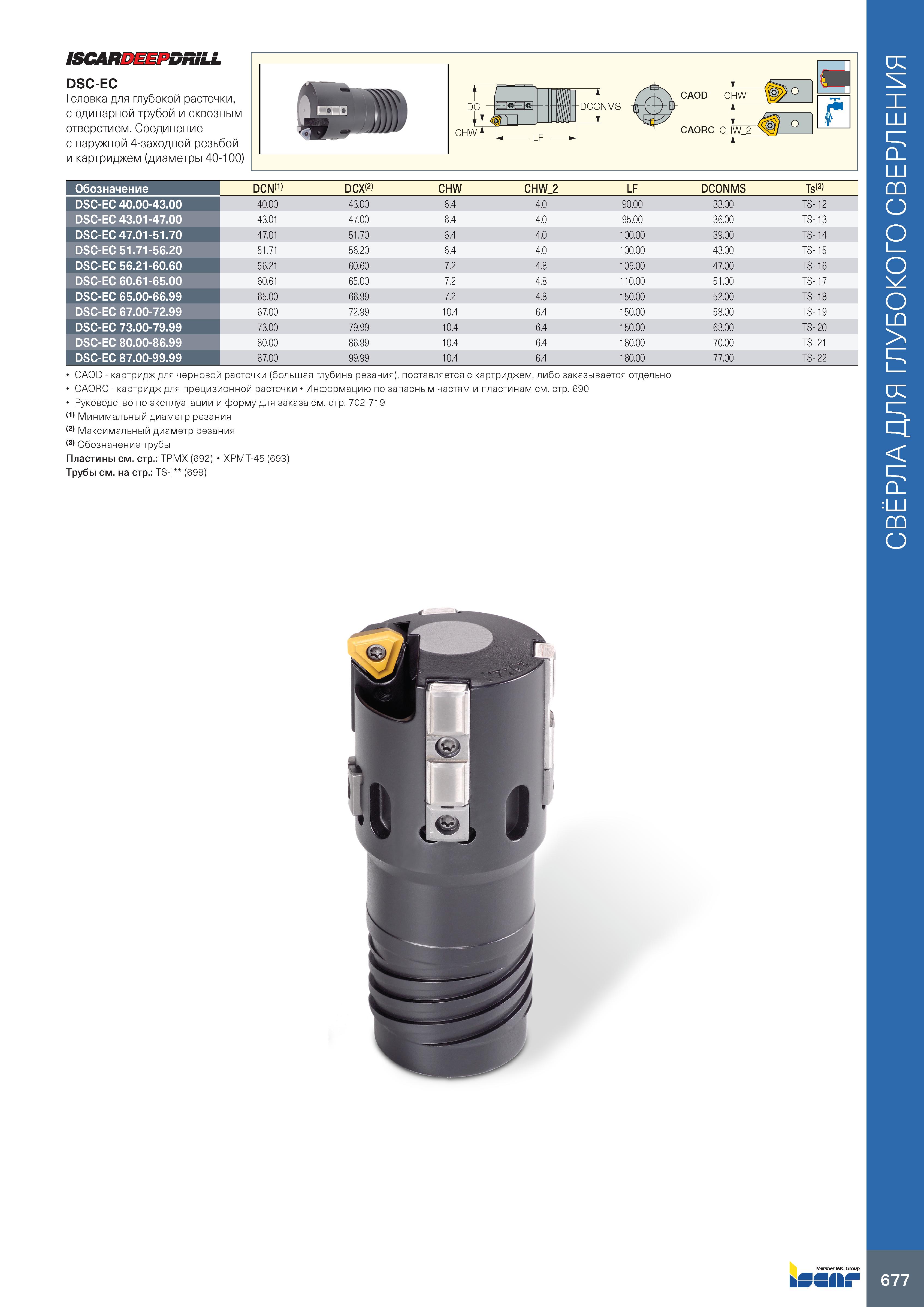 681 ISCAR DRSLL DSC-EC Головка для глубокой расточки, с одинарной трубой и сквозным отверстием Соединение с наружной 4-заходной резьбой и картриджем Каталог ISCAR 2020 Фрезы твердосплавные монолитные и сборные Сверла спиральные с СМП Пластины режущие сменные Вспомогательный инструмент для станков по металлу Стр. 677