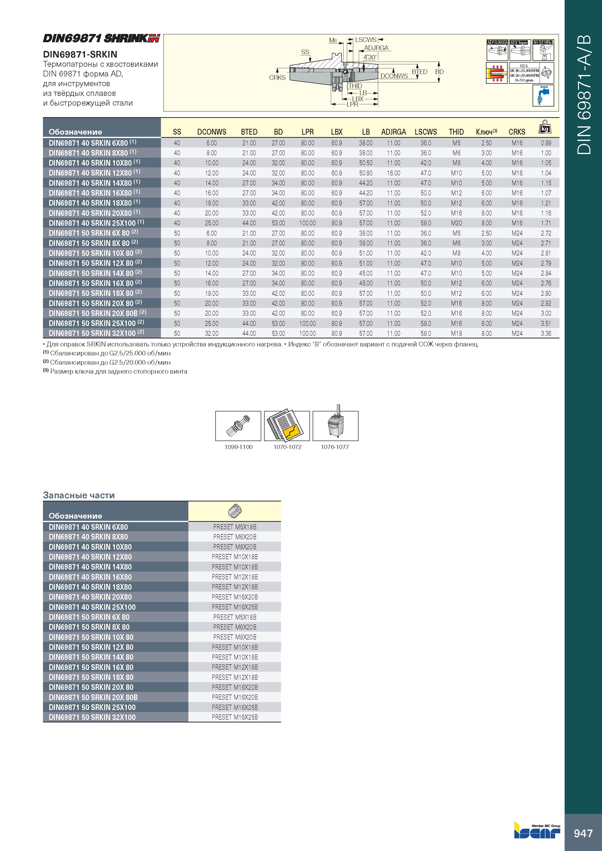 951 DIN69871 SHRINKIN DIN69871-SRKIN Термопатроны с хвостовиками DIN 69871 форма AD, для инструментов из твёрдых сплавов и быстрорежущей стали ИМ) Чг Каталог ISCAR 2020 Фрезы твердосплавные монолитные и сборные Сверла спиральные с СМП Пластины режущие сменные Вспомогательный инструмент для станков по металлу Стр. 947