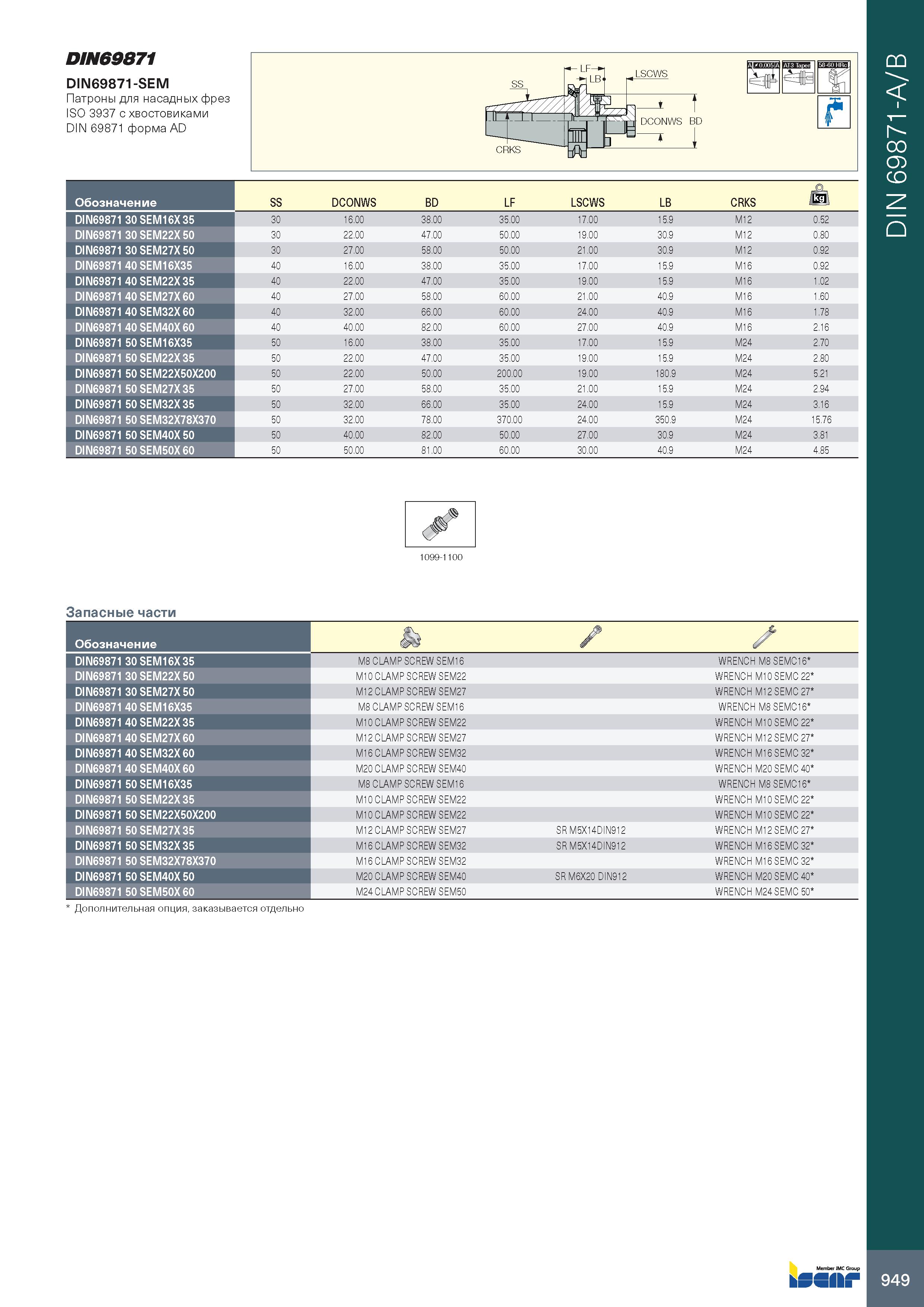953 DIN69871 DIN69871-SEM Патроны для насадных фрез ISO 3937 с хвостовиками DIN 69871 форма AD Обозначение SS DCONWS BD LF LSCWS LB CRKS jkg DIN69871 Каталог ISCAR 2020 Фрезы твердосплавные монолитные и сборные Сверла спиральные с СМП Пластины режущие сменные Вспомогательный инструмент для станков по металлу Стр. 949