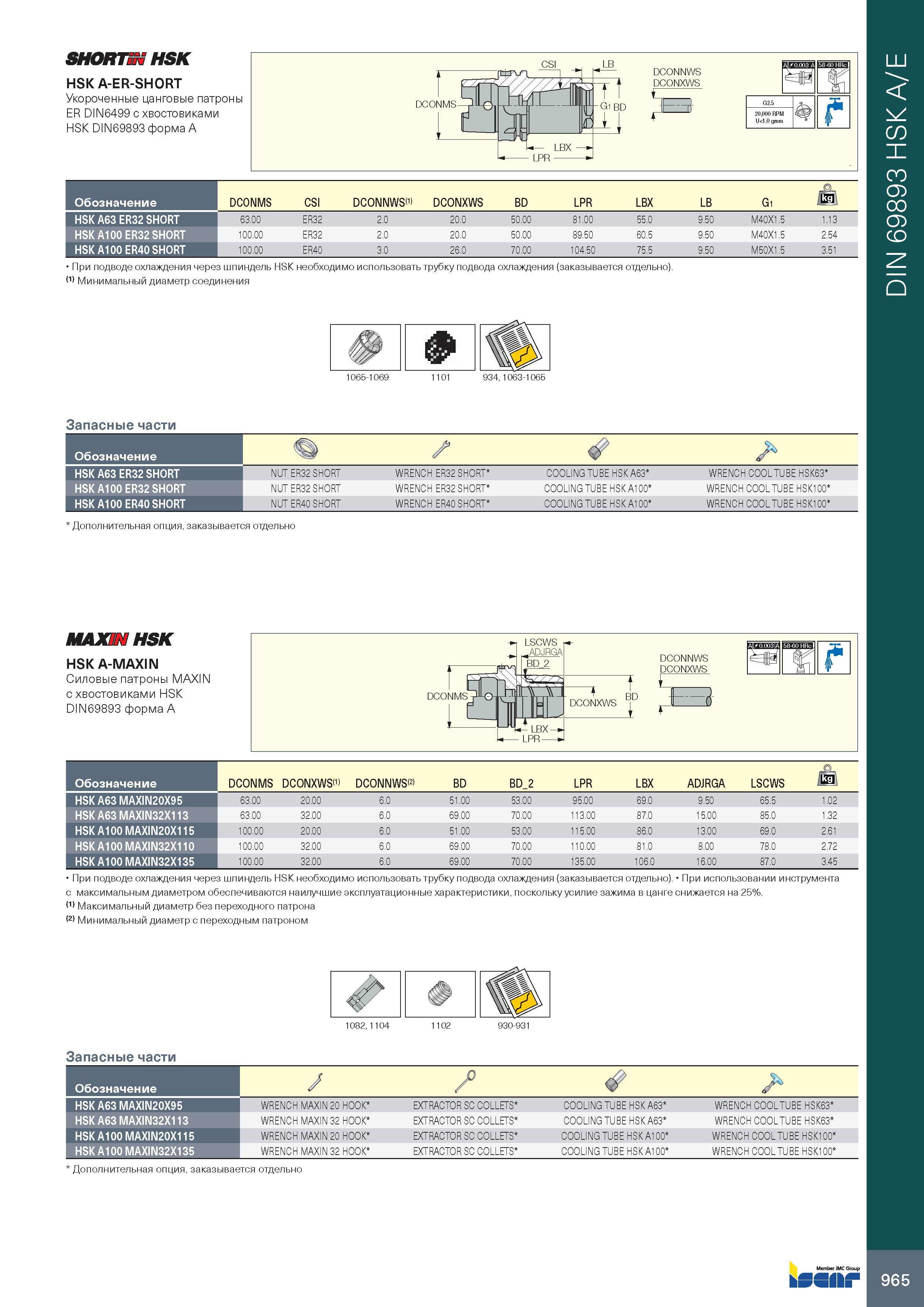 969 SHORTiN HSK HSK A-ER-SHORT Укороченные цанговые патроны ER DIN6499 с хвостовиками HSK DIN69893 форма A Обозначение HSK A63 ER32 SHORT HSK A100 ER Каталог ISCAR 2020 Фрезы твердосплавные монолитные и сборные Сверла спиральные с СМП Пластины режущие сменные Вспомогательный инструмент для станков по металлу Стр. 965
