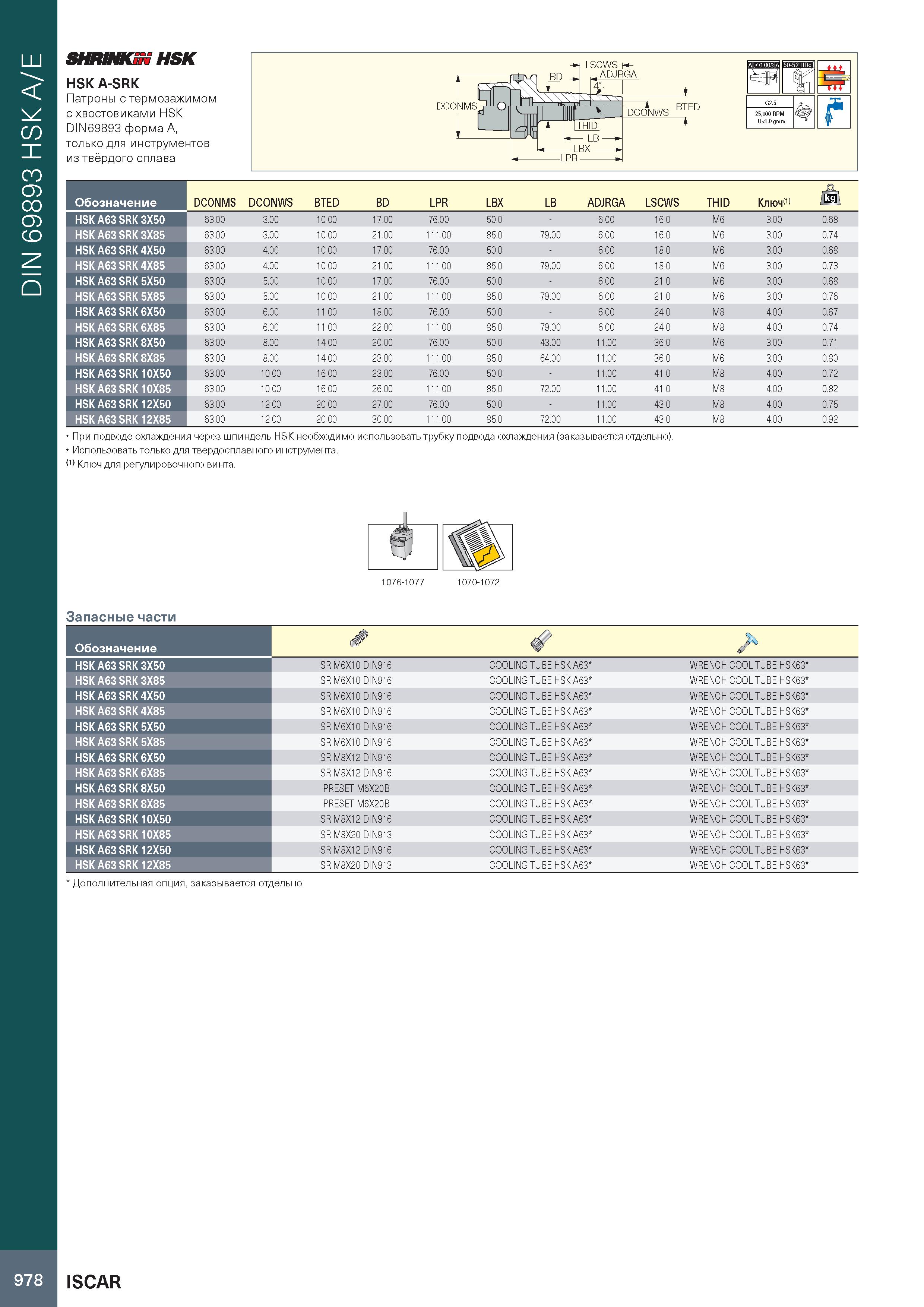 982 DIN 69893 HSK A/E SHRINKiN HSK HSK A-SRK Патроны с термозажимом с хвостовиками HSK DIN69893 форма A, только для инструментов из твёрдого сплава О Каталог ISCAR 2020 Фрезы твердосплавные монолитные и сборные Сверла спиральные с СМП Пластины режущие сменные Вспомогательный инструмент для станков по металлу Стр. 978
