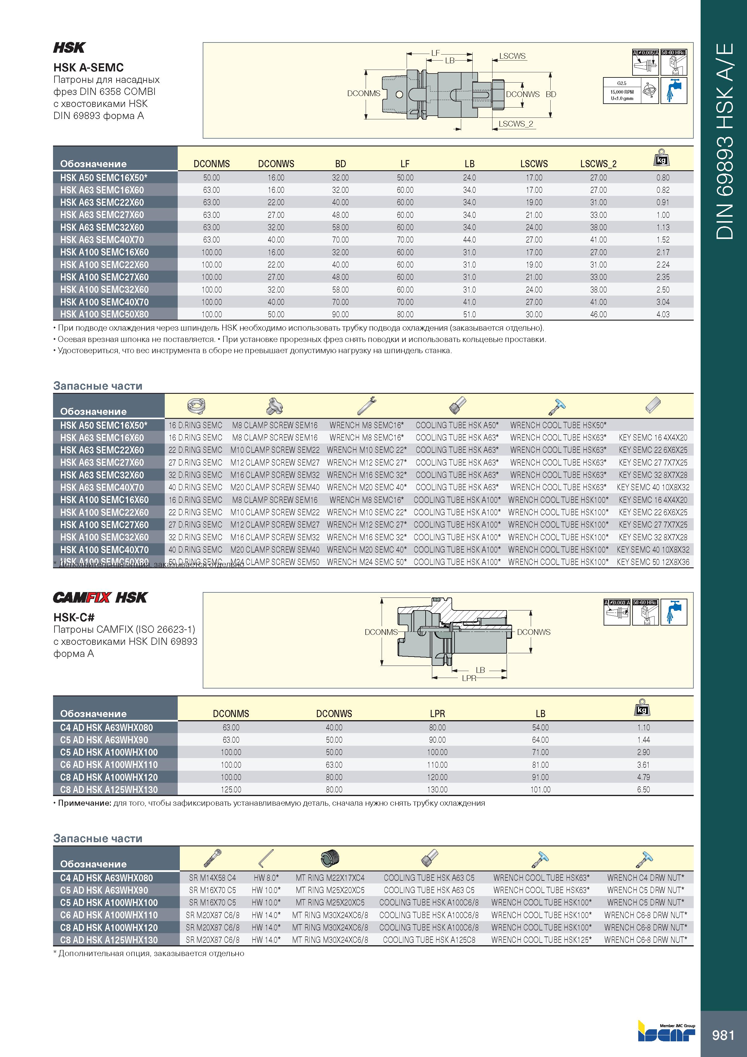 985 HSK HSK A-SEMC Патроны для насадных фрез DIN 6358 COMBI с хвостовиками HSK DIN 69893 форма A Обозначение DCONMS DCONWS BD LF LB LSCWS LSCWS 2 HSK Каталог ISCAR 2020 Фрезы твердосплавные монолитные и сборные Сверла спиральные с СМП Пластины режущие сменные Вспомогательный инструмент для станков по металлу Стр. 981