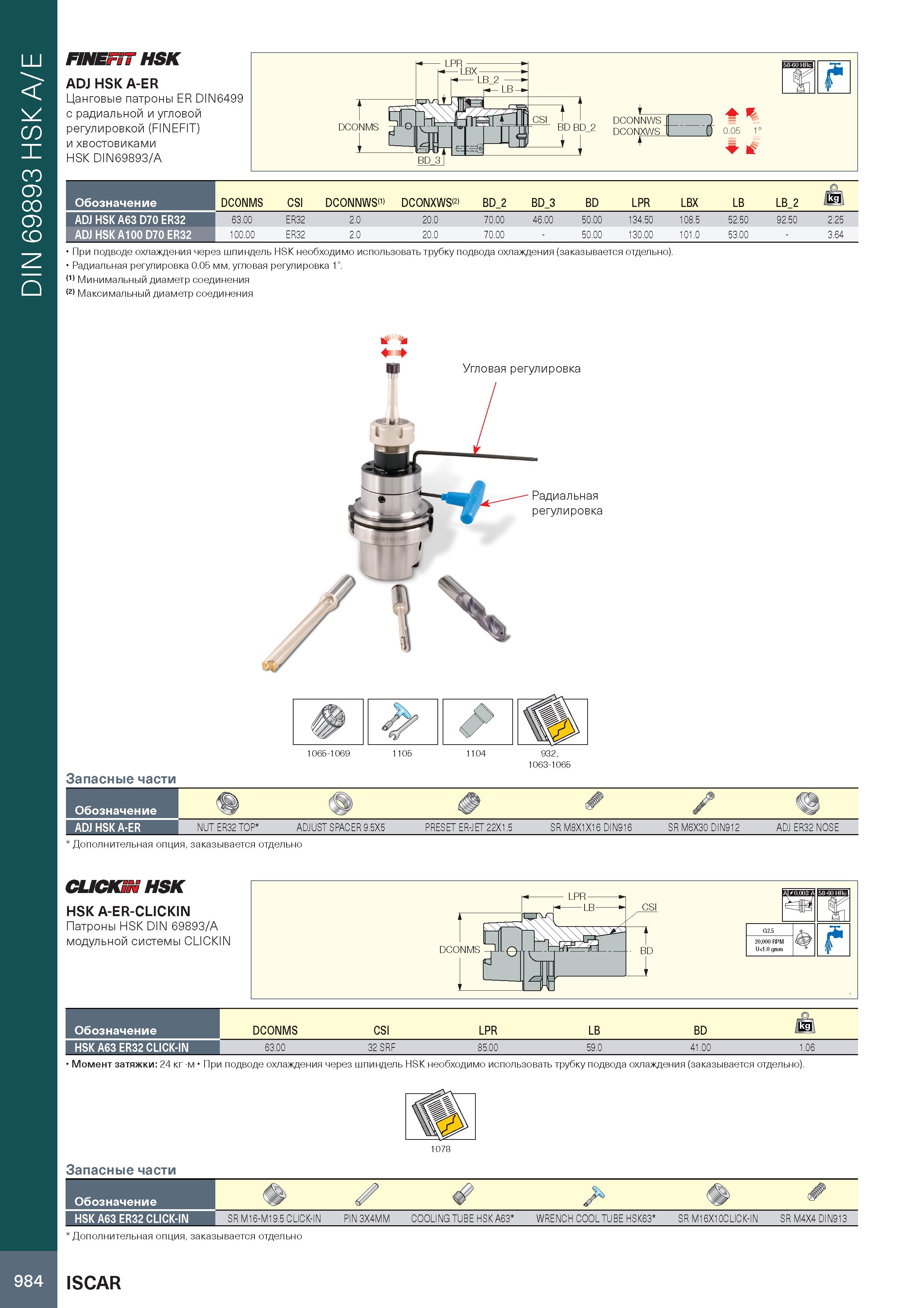 988 DIN 69893 HSK A/E FINEFST HSK ADJ HSK A-ER Цанговые патроны ER DIN6499 с радиальной и угловой регулировкой (FINEFIT) и хвостовиками HSK DIN69893/ Каталог ISCAR 2020 Фрезы твердосплавные монолитные и сборные Сверла спиральные с СМП Пластины режущие сменные Вспомогательный инструмент для станков по металлу Стр. 984