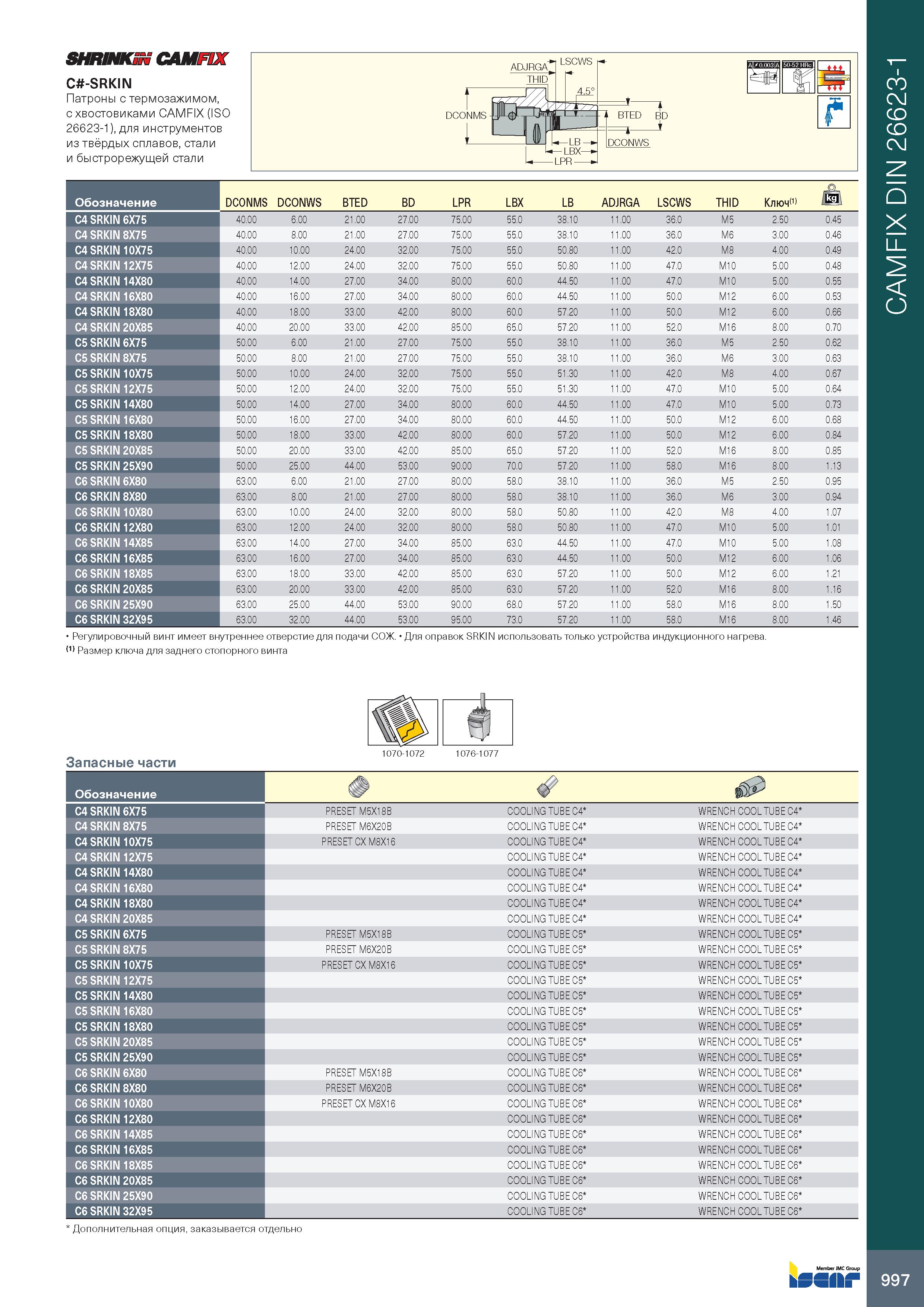 1001 shrink; camfix C -SRKIN Патроны с термозажимом, с хвостовиками CAMFIX (ISO 26623-1), для инструментов из твёрдых сплавов, стали и быстрорежущей с Каталог ISCAR 2020 Фрезы твердосплавные монолитные и сборные Сверла спиральные с СМП Пластины режущие сменные Вспомогательный инструмент для станков по металлу Стр. 997