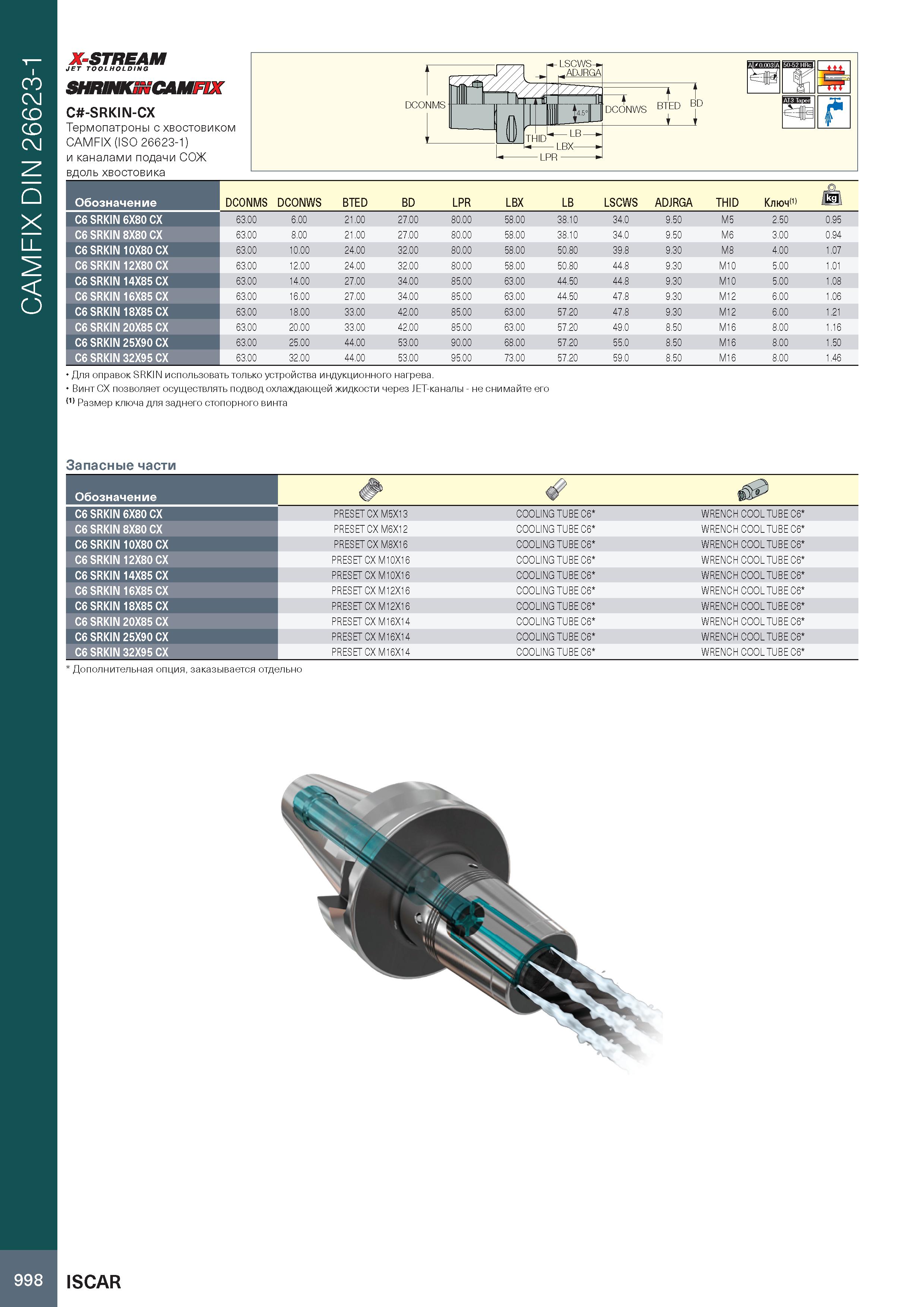 1002 CAMFIX DIN 26623-1 X-STREAM JET TOOLHOLDING SHRINKiNCAMFIX C -SRKIN-CX Термопатроны с хвостовиком CAMFIX (ISO 26623-1) и каналами подачи СОЖ вдол Каталог ISCAR 2020 Фрезы твердосплавные монолитные и сборные Сверла спиральные с СМП Пластины режущие сменные Вспомогательный инструмент для станков по металлу Стр. 998