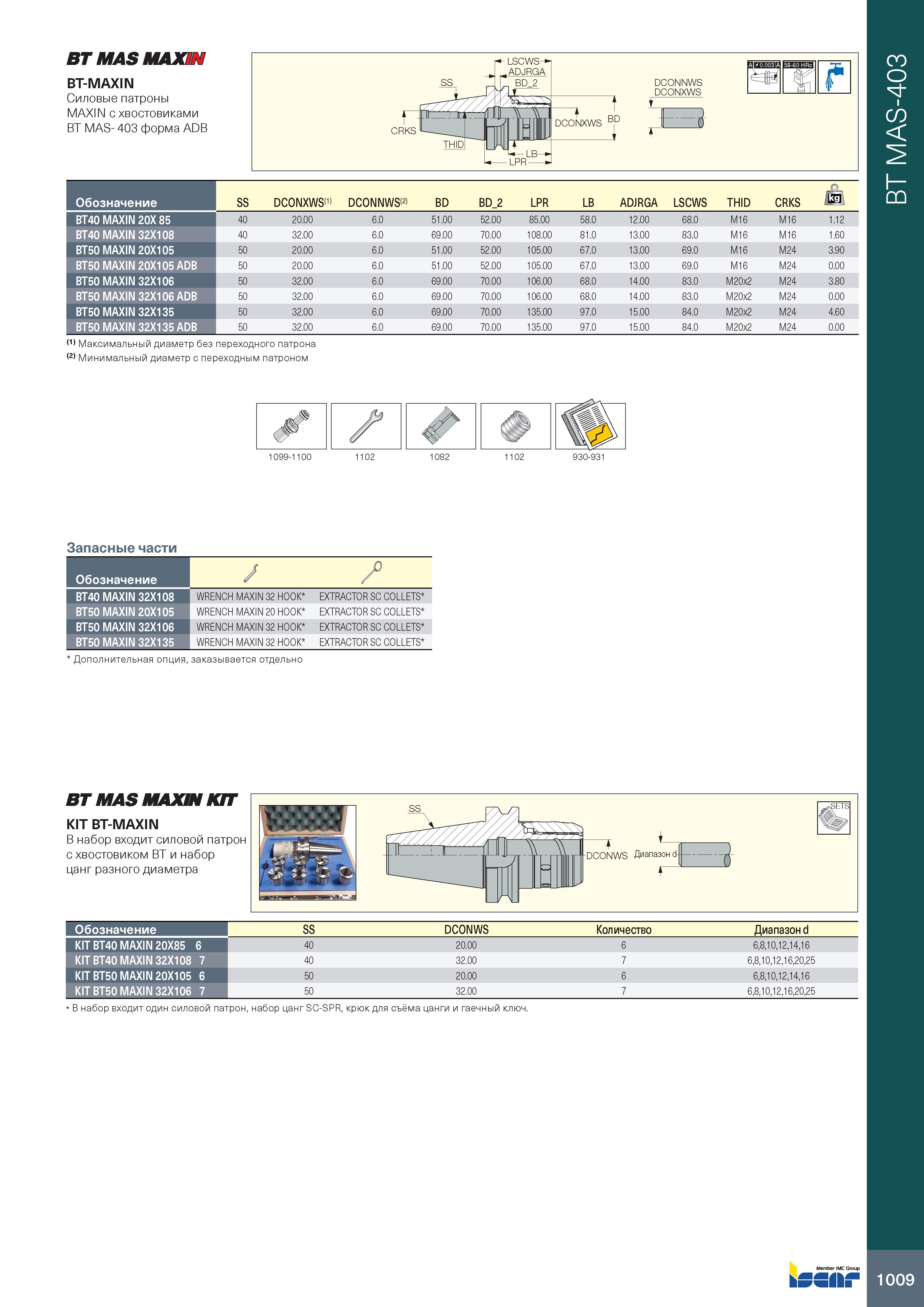 1013 ВТ MAS MAXIN BT-MAXIN Силовые патроны MAXIN с хвостовиками BT MAS- 403 форма ADB Обозначение SS DCONXWS(1) DCONNWS(2) BD BD 2 LPR LB ADJRGA LSCWS Каталог ISCAR 2020 Фрезы твердосплавные монолитные и сборные Сверла спиральные с СМП Пластины режущие сменные Вспомогательный инструмент для станков по металлу Стр. 1009