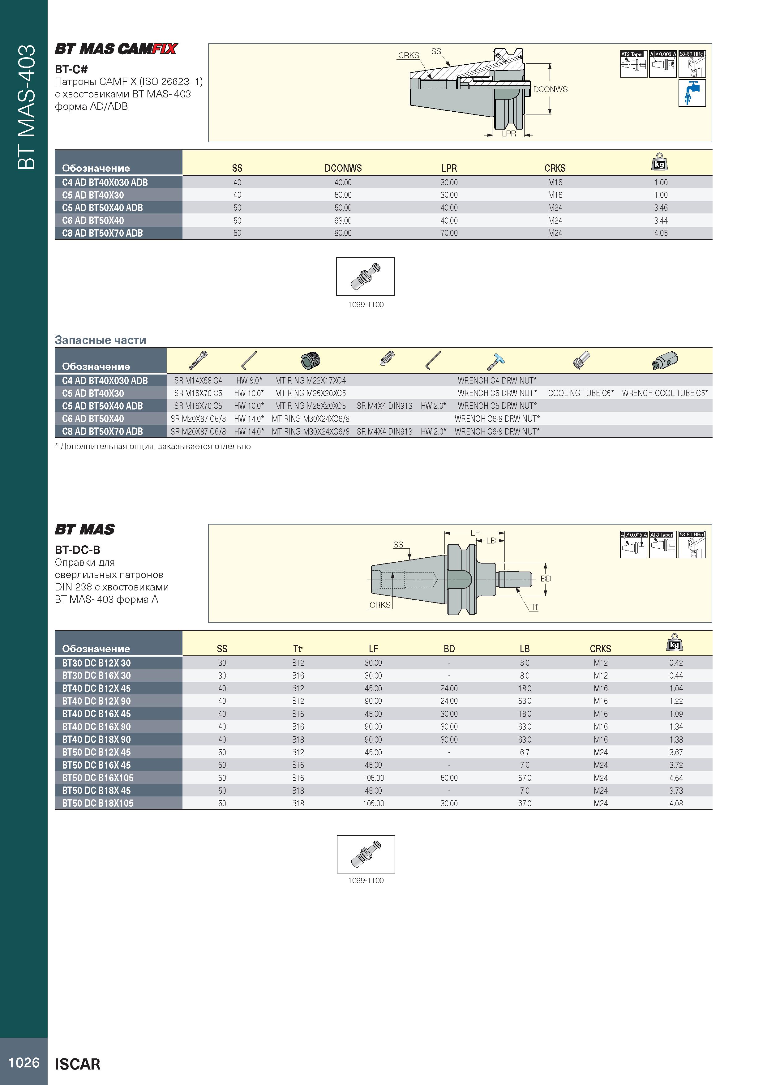 1030 BT MAS-403 ВТ MAS CAMFIX BT-C Патроны CAMFIX (ISO 26623- 1) с хвостовиками BT MAS- 403 форма AD/ADB Обозначение SS DCONWS LPR CRKS M C4 AD BT40X0 Каталог ISCAR 2020 Фрезы твердосплавные монолитные и сборные Сверла спиральные с СМП Пластины режущие сменные Вспомогательный инструмент для станков по металлу Стр. 1026