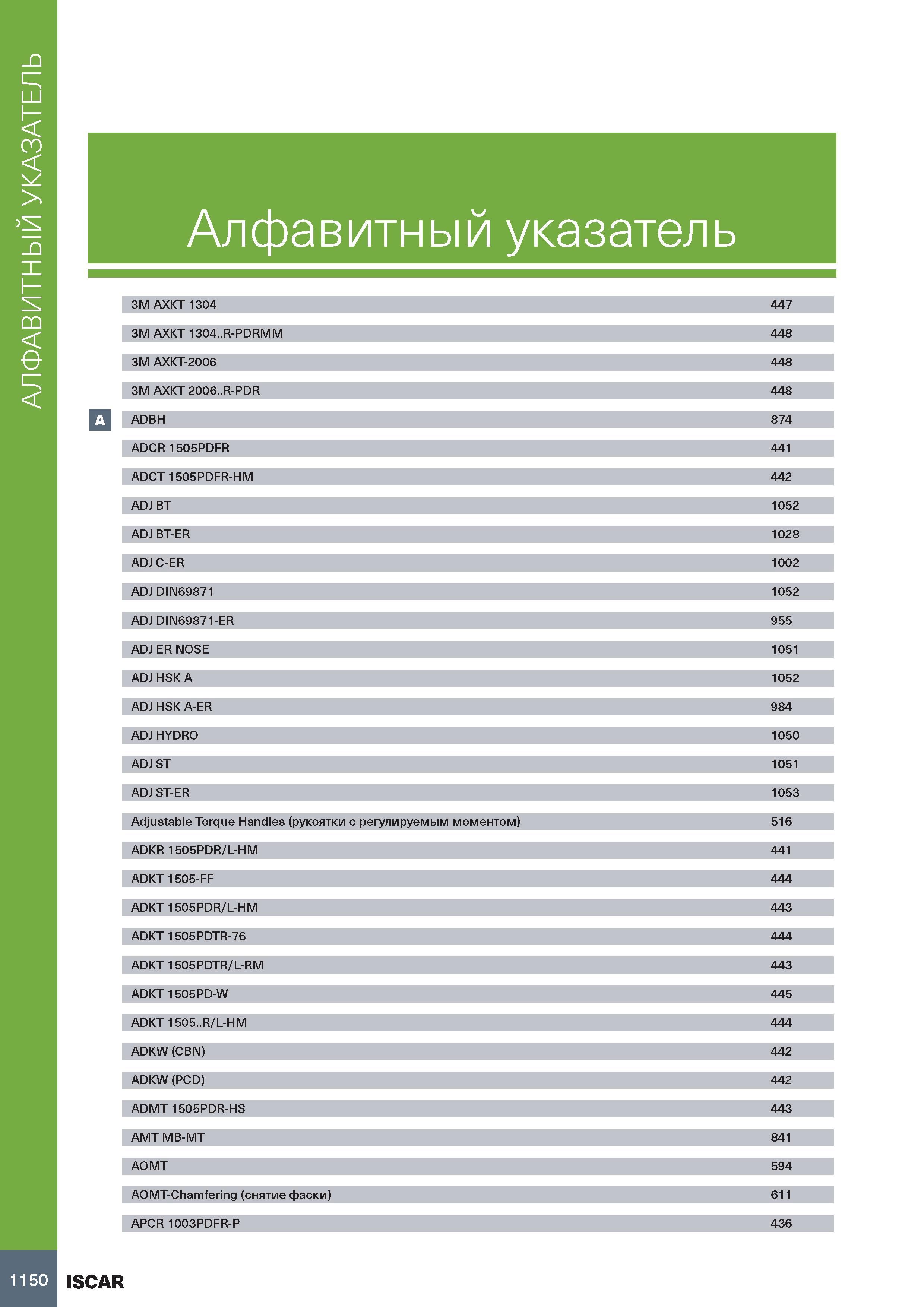 1154 АЛФАВИТНЫЙ УКАЗАТЕЛЬ Алфавитный указатель 3M AXKT 1304 447 3M AXKT 1304 R-PDRMM 448 3M AXKT-2006 448 3M AXKT 2006 R-PDR 448 Д ADBH 874 ADCR1505PD Каталог ISCAR 2020 Фрезы твердосплавные монолитные и сборные Сверла спиральные с СМП Пластины режущие сменные Вспомогательный инструмент для станков по металлу Стр. 1150