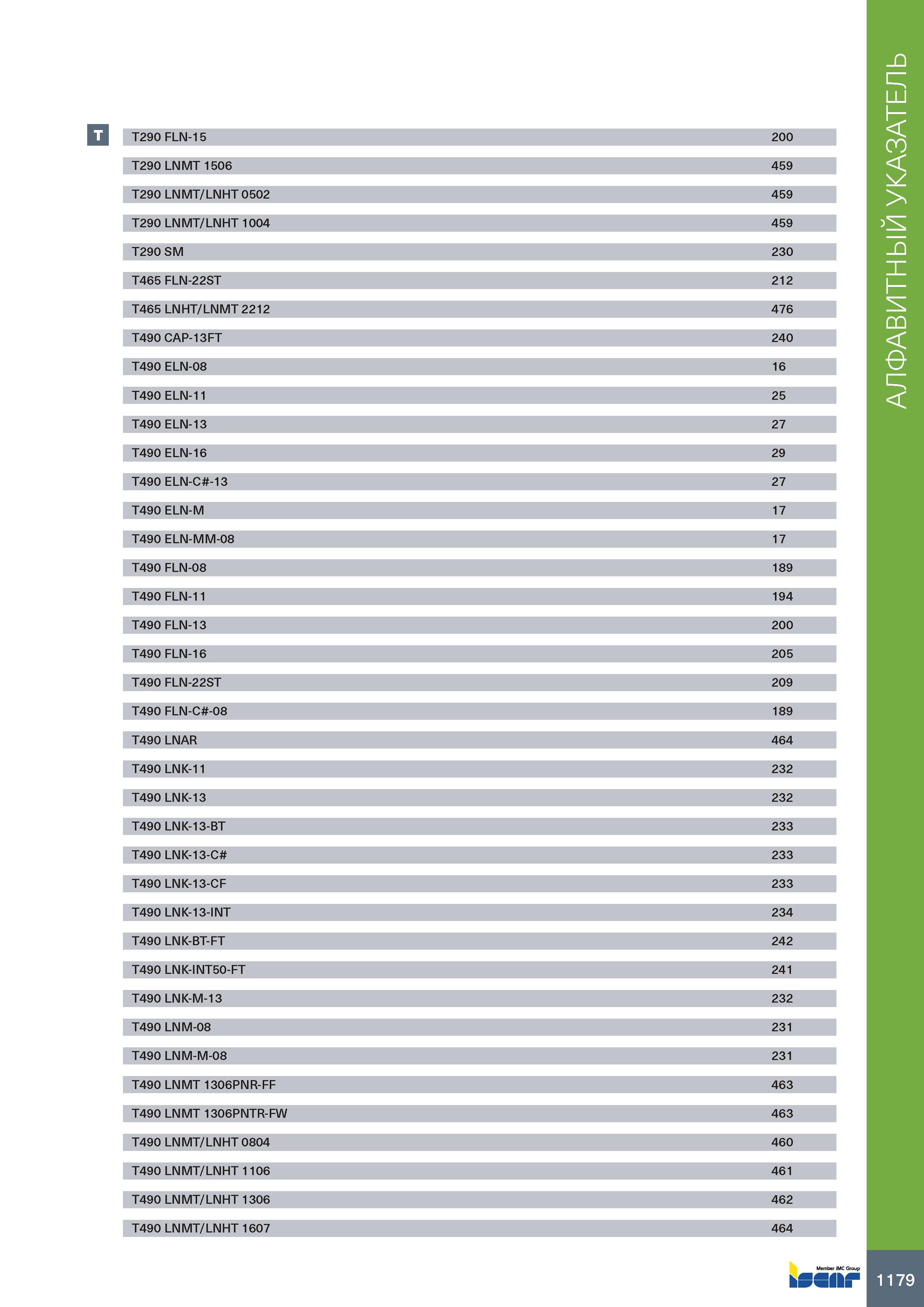 1183 T290 FLN-15 200 T290 LNMT 1506 459 T290 LNMT/LNHT 0502 459 T290 LNMT/LNHT 1004 459 T290 SM 230 T465 FLN-22ST 212 T465 LNHT/LNMT 2212 476 T490 CAP Каталог ISCAR 2020 Фрезы твердосплавные монолитные и сборные Сверла спиральные с СМП Пластины режущие сменные Вспомогательный инструмент для станков по металлу Стр. 1179