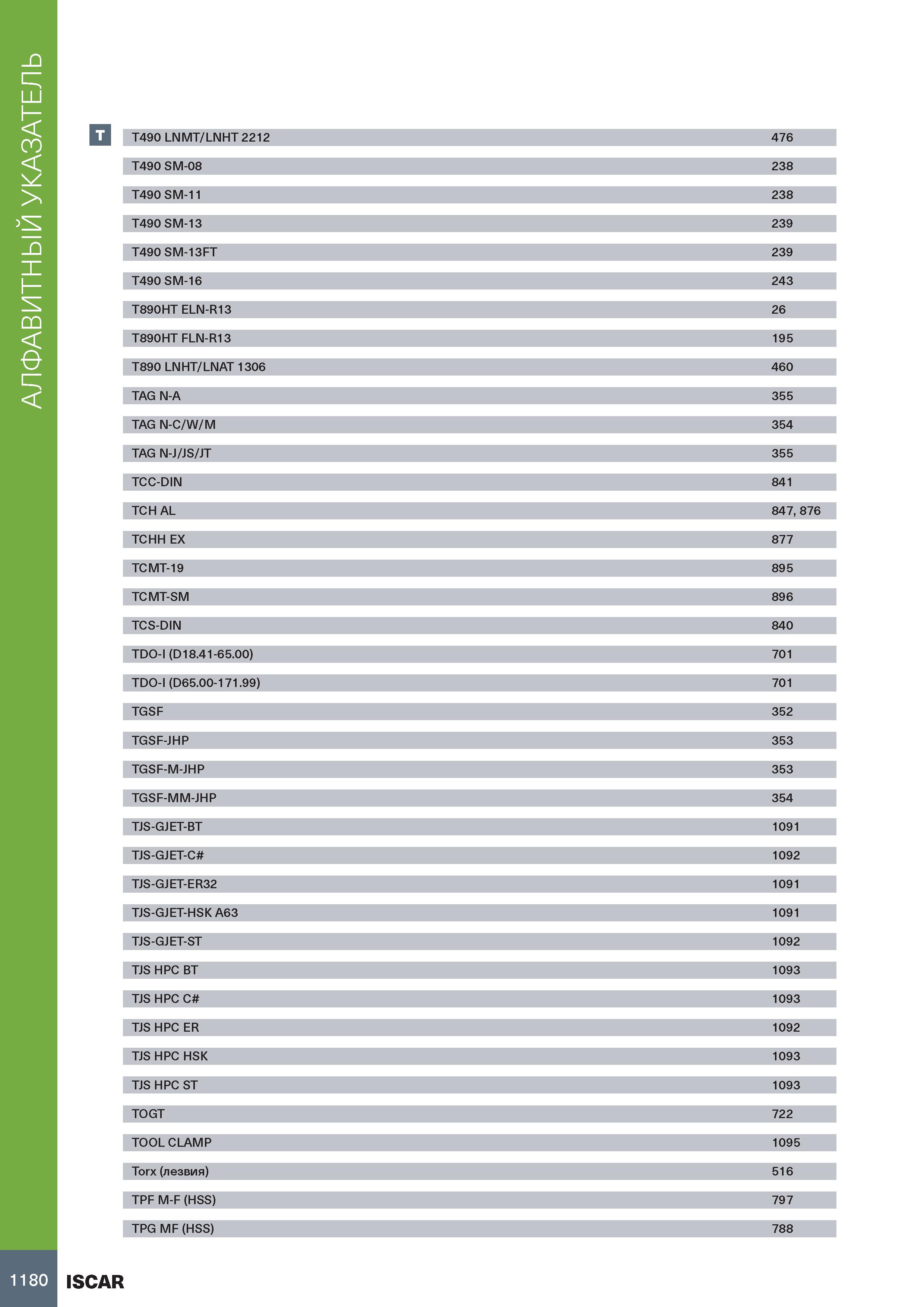 1184 АЛФАВИТНЫЙ УКАЗАТЕЛЬ T490 LNMT/LNHT 2212 476 T490 SM-08 238 T490 SM-11 238 T490 SM-13 239 T490 SM-13FT 239 T490 SM-16 243 T890HT ELN-R13 26 T890H Каталог ISCAR 2020 Фрезы твердосплавные монолитные и сборные Сверла спиральные с СМП Пластины режущие сменные Вспомогательный инструмент для станков по металлу Стр. 1180