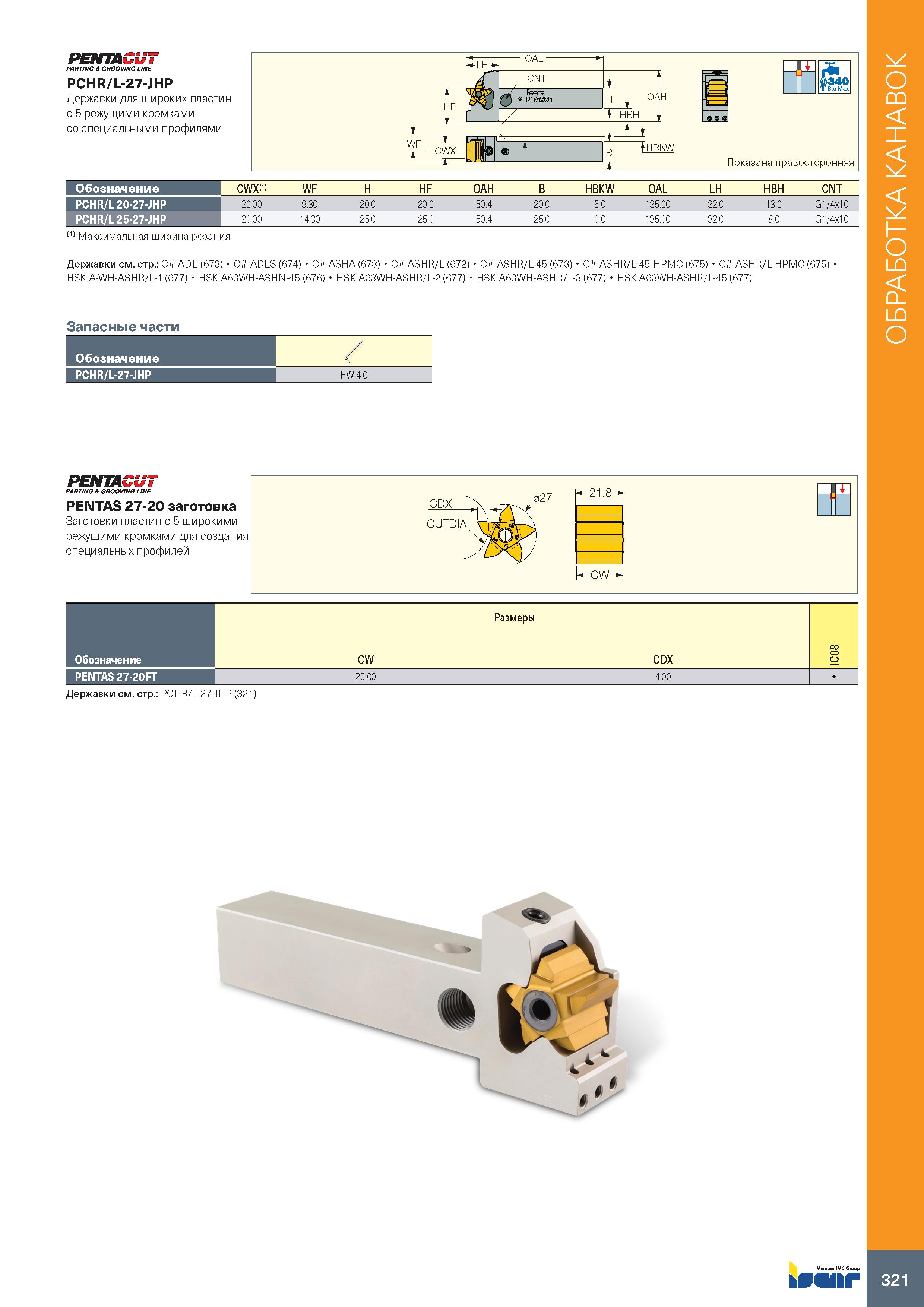 325 PENTACUT PARTING Я GROOVING LINE PCHR/L-27-JHP Державки для широких пластин с 5 режущими кромками со специальными профилями Обозначение PCHR/L 20 Каталог ISCAR 2020 Инструменты для токарных работ Пластины сменные режущие для точения отрезки обработки канавок нарезания резьбы наружной и внутренней Резцы Оснастка Стр. 321
