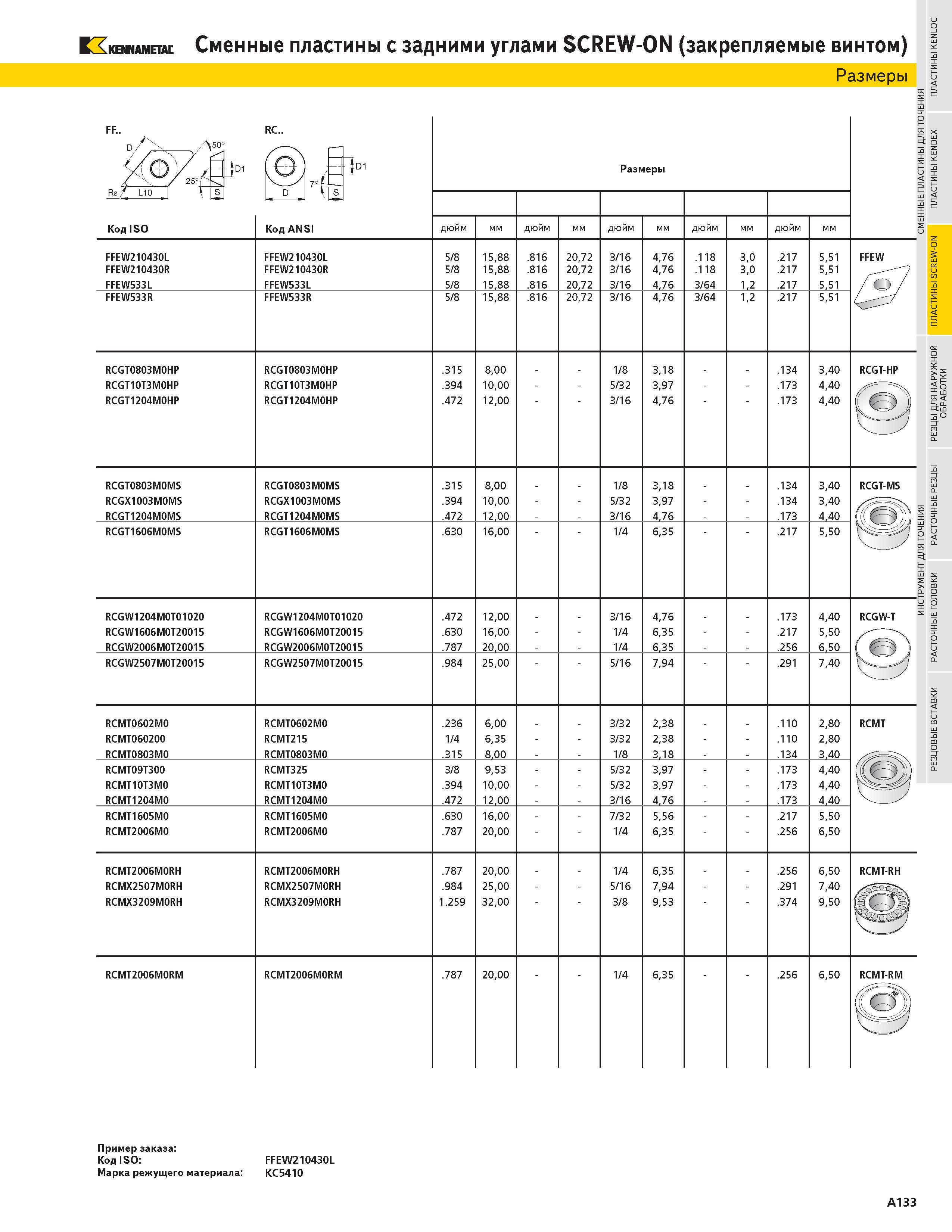 149 KENNAMETAL Сменные пластины с задними углами SCREW-ON (закрепляемые винтом) Размеры FF К х5 50' 1 D1 RC 7 f Е S di Размеры Re L10 D Код ISO Код ANSI д Каталог KENNAMETAL 2004 Режущий инструмент для точения отрезки обработки канавок и нарезания резьбы на металлорежущих станках и центрах с ЧПУ Стр. A133