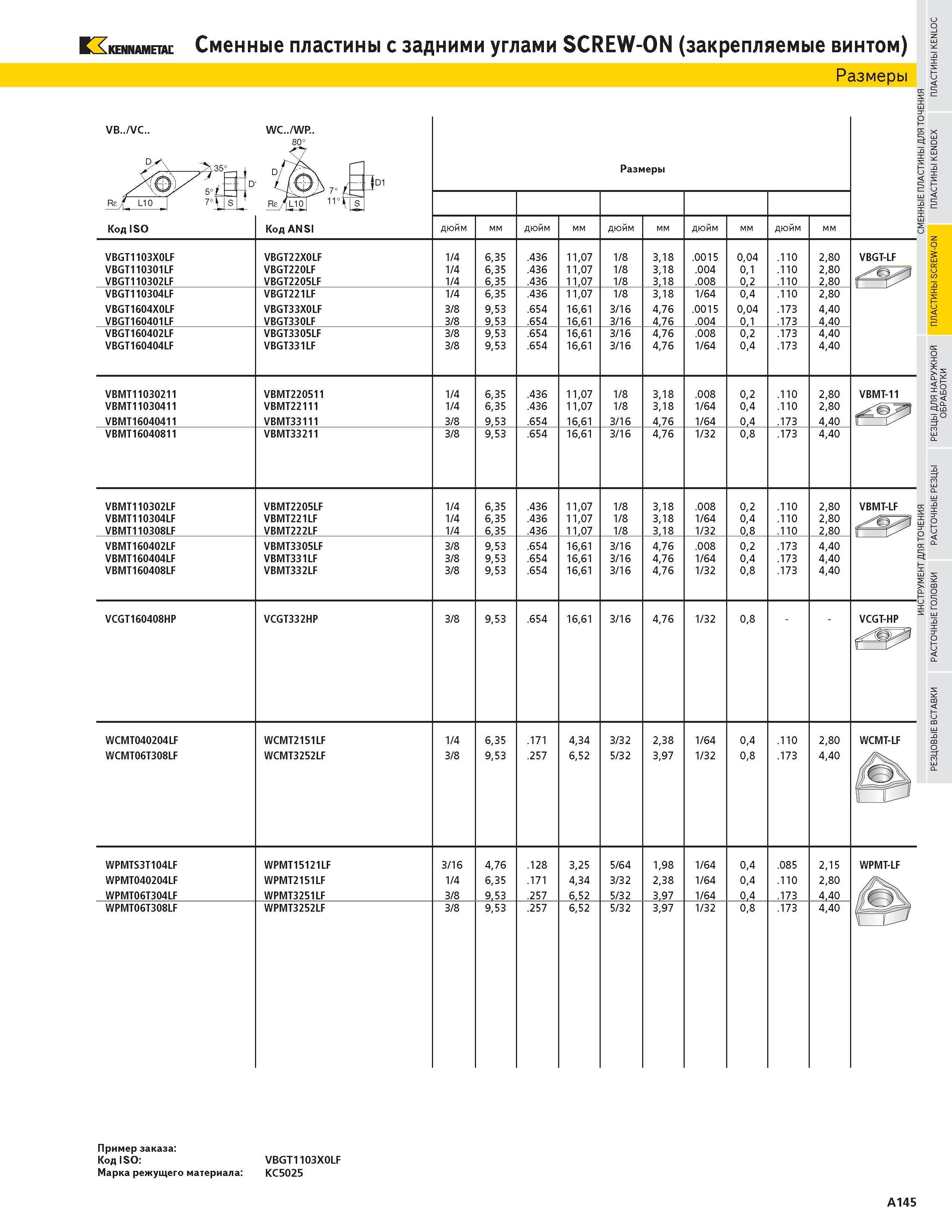 161 KENNAMETAL Сменные пластины с задними углами SCREW-ON (закрепляемые винтом) Размеры VB VC WC WP 80 ЕЗИ Размеры Код ISO Код ANSI дюйм мм дюйм мм дюйм м Каталог KENNAMETAL 2004 Режущий инструмент для точения отрезки обработки канавок и нарезания резьбы на металлорежущих станках и центрах с ЧПУ Стр. A145
