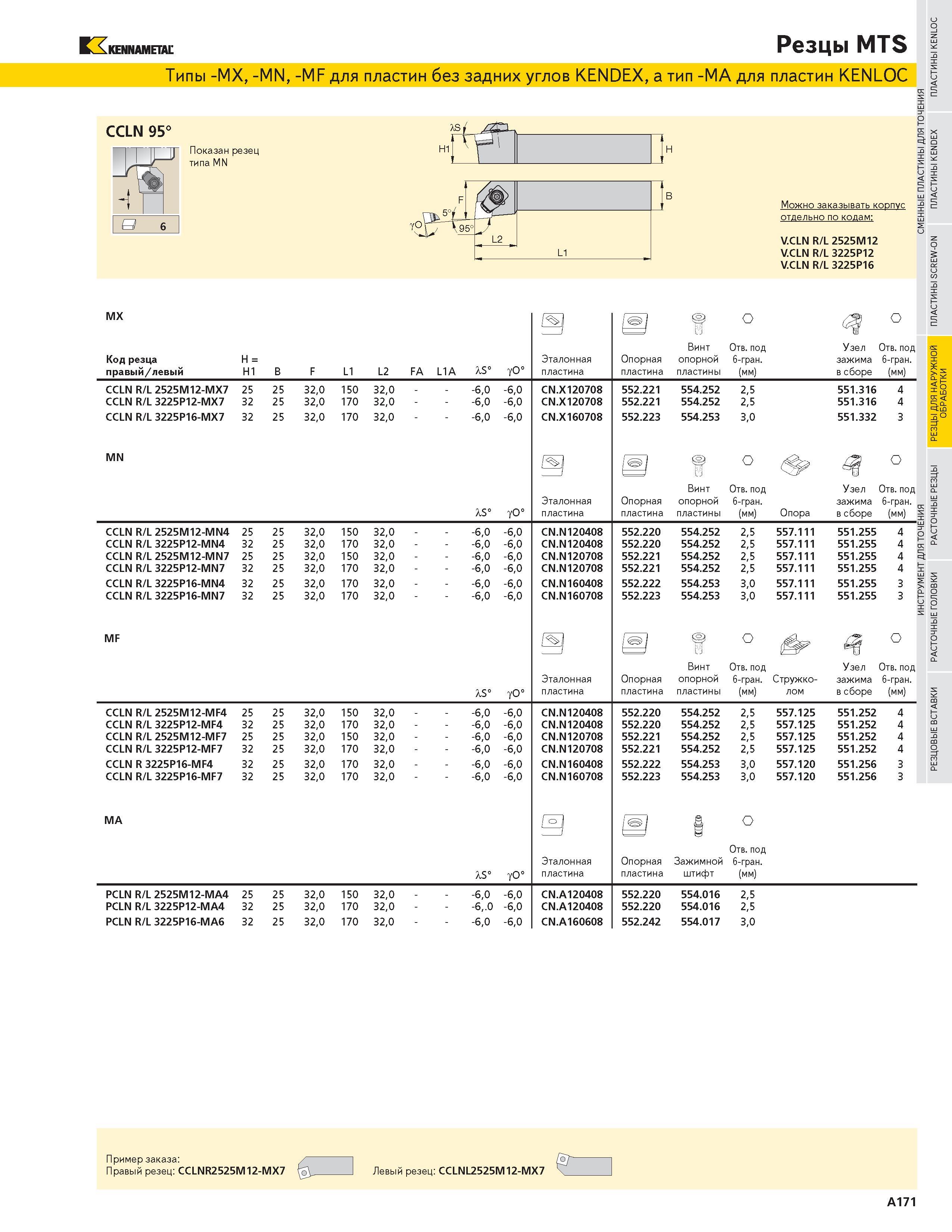 187 KENNAMETAL Резцы MTS Типы -MX -MN -MF для пластин без задних углов KENDEX а тип -МА для пластин KENLOC CCLN 95 Показан резец типа MN X Q Можно заказыв Каталог KENNAMETAL 2004 Режущий инструмент для точения отрезки обработки канавок и нарезания резьбы на металлорежущих станках и центрах с ЧПУ Стр. A171