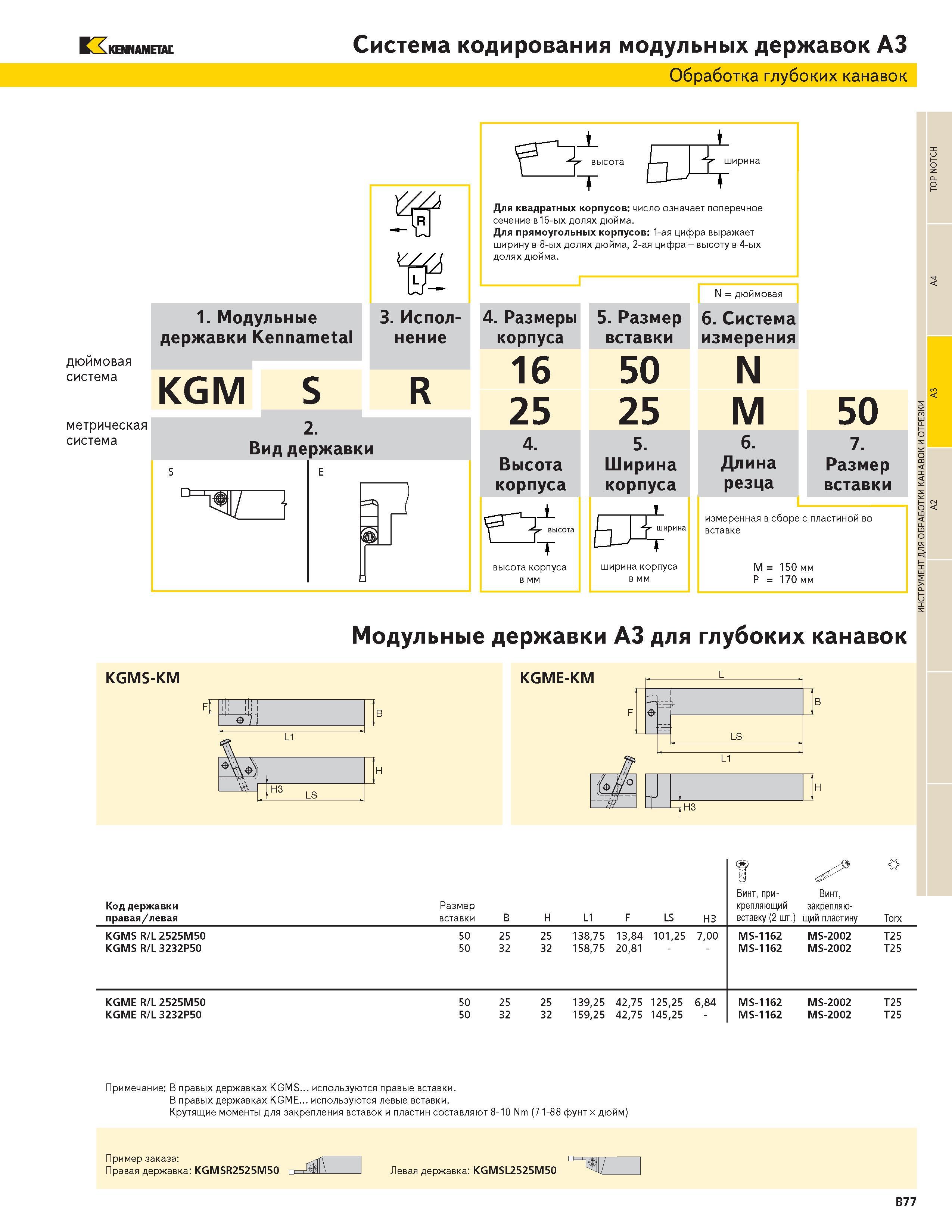345 KENNAMETAL Система кодирования модульных державок A3 Обработка глубоких канавок 1 Модульные державки Кеппате1а дюймовая система метрическая система 3 Каталог KENNAMETAL 2004 Режущий инструмент для точения отрезки обработки канавок и нарезания резьбы на металлорежущих станках и центрах с ЧПУ Стр. B77