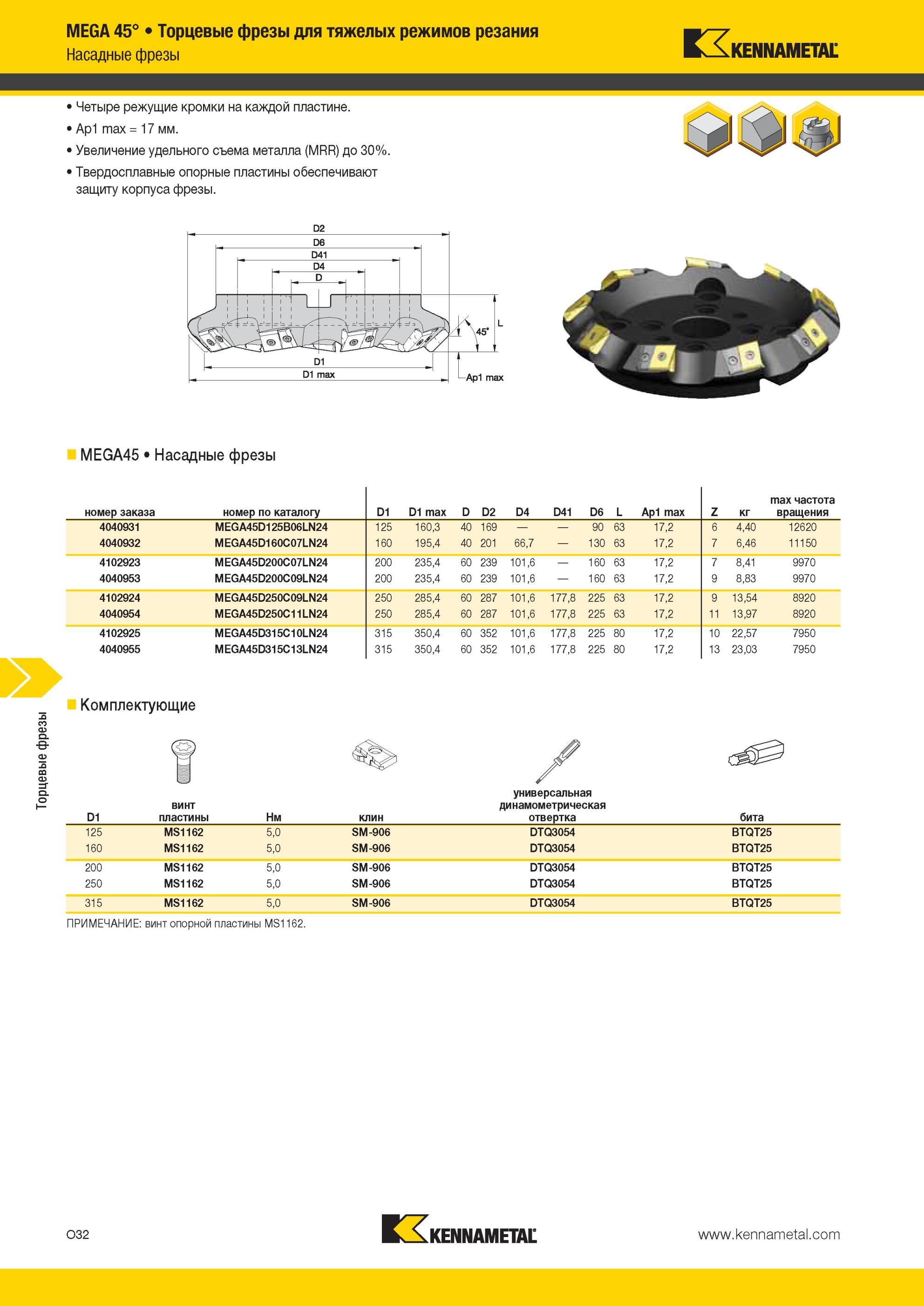 1568 Насадные Торцевые фрезы Kennametal MEGA 45° для тяжелых режимов резания фрезы Четыре режущие кромки на каждой пластине Ap1 max = 17 мм Увеличение удел Мастер-каталог KENNAMETAL 2013 Металлорежущий инструмент Точение Обработка отверстий Фрезерование Стр. O32