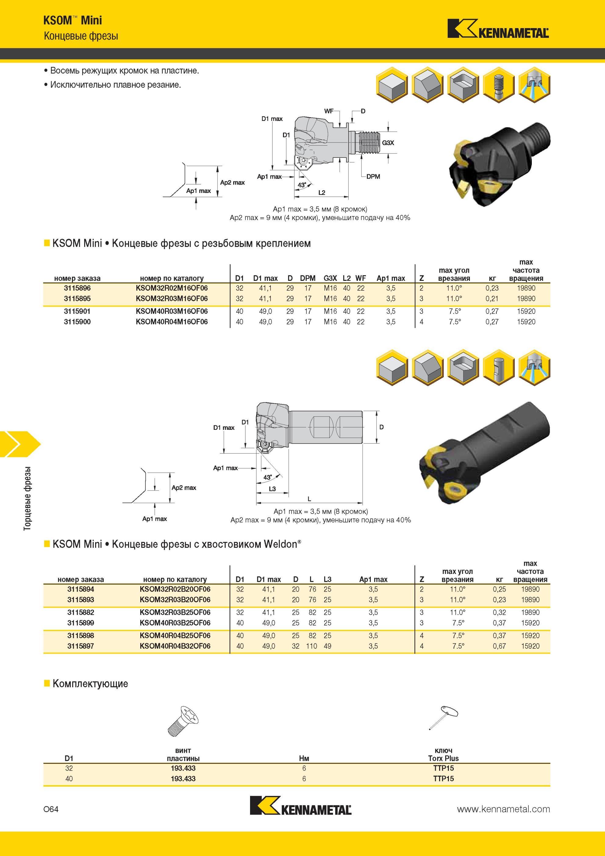 1600 KSOM Mini Концевые фрезы Kennametal с хвостовиком Weldon Торцевые фрезы KSOM Mini Концевые фрезы Восемь режущих кромок на пластине Исключительно плавн Мастер-каталог KENNAMETAL 2013 Металлорежущий инструмент Точение Обработка отверстий Фрезерование Стр. O64
