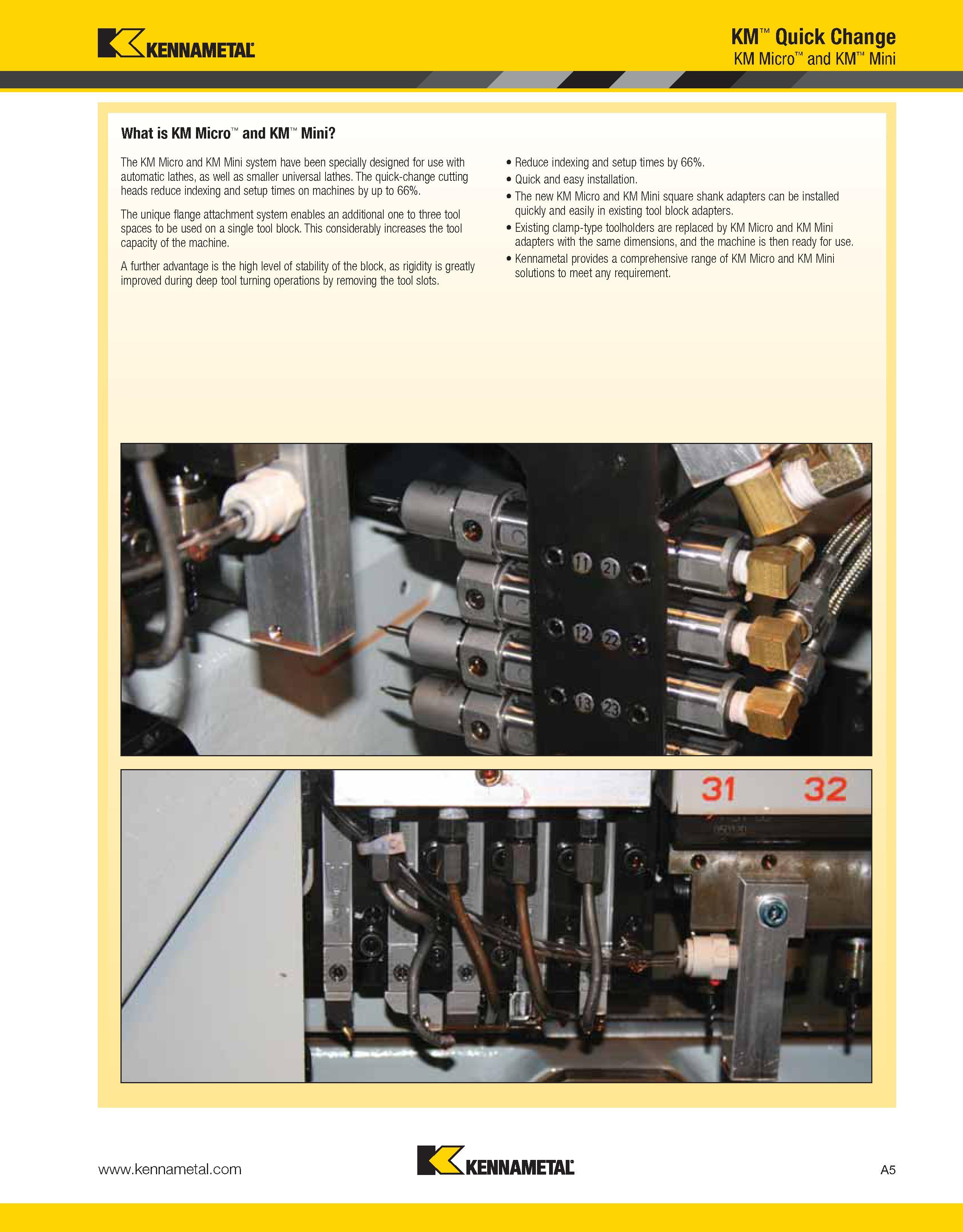 45 The KM Micro and KM Mini Kennametal system have been specially designed for use with automatic lathes, as well as smaller universal lathes The qu Каталог KENNAMETAL 2013 Инструментальная оснастка и вспомогательный инструмент для универсальных металлорежущих станков и обрабатывающих центров с ЧПУ Стр. A5