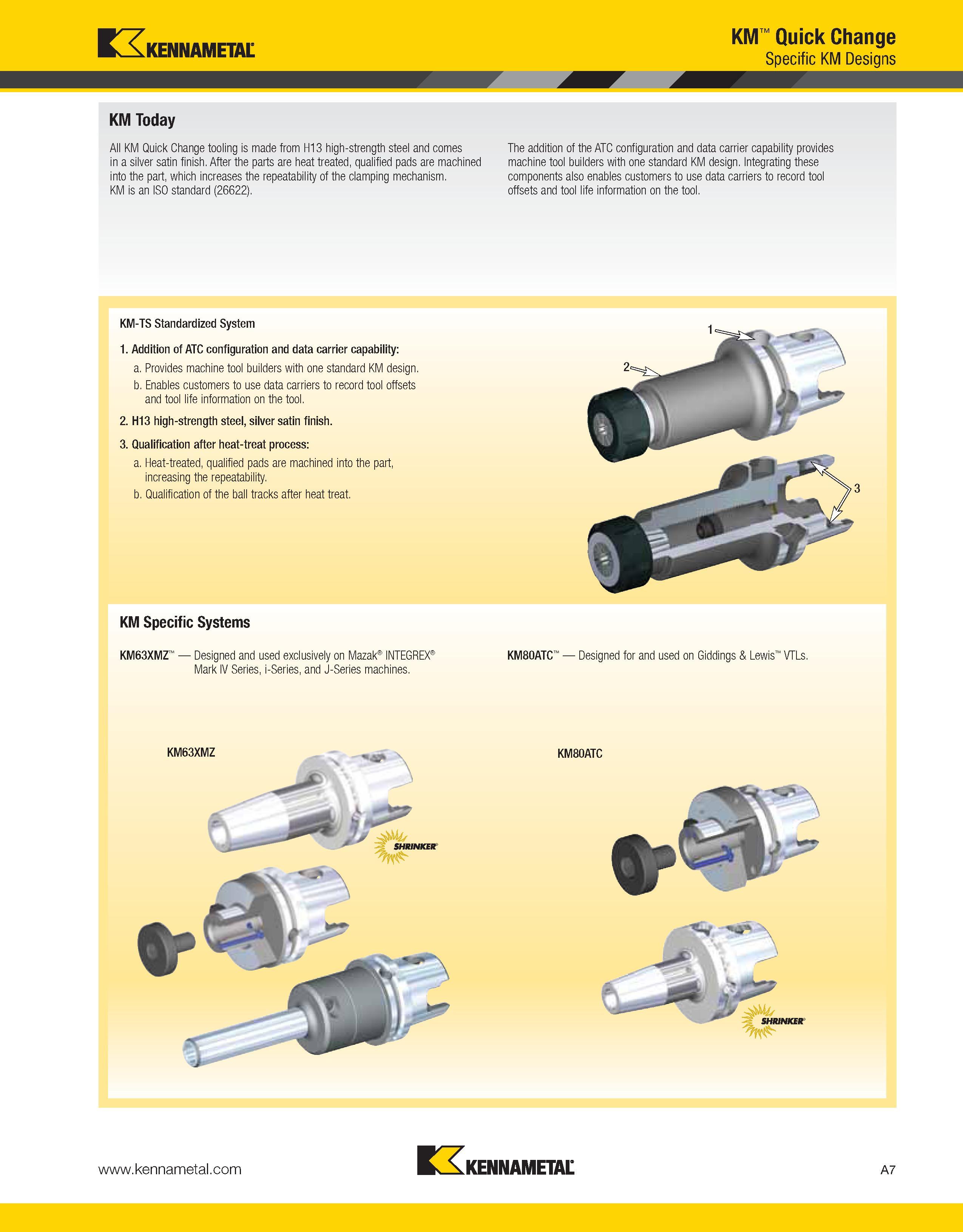 47 All KM Quick Change tooling is made from H13 high-strength steel and comes in a silver satin finish After the parts are heat treated, qualified p Каталог KENNAMETAL 2013 Инструментальная оснастка и вспомогательный инструмент для универсальных металлорежущих станков и обрабатывающих центров с ЧПУ Стр. A7