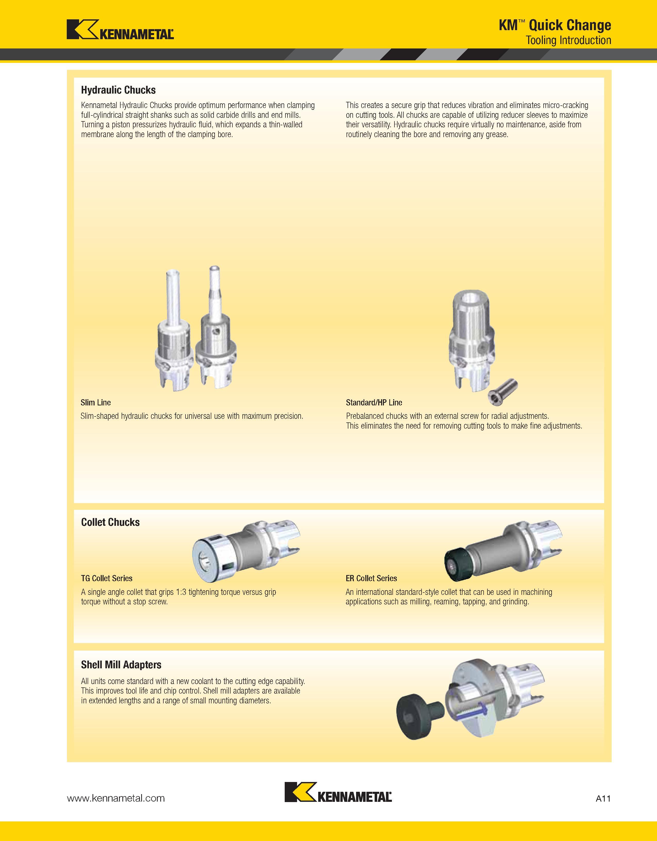 51 Kennametal Hydraulic Chucks provide optimum performance when clamping full-cylindrical straight shanks such as solid carbide drills and end mills Каталог KENNAMETAL 2013 Инструментальная оснастка и вспомогательный инструмент для универсальных металлорежущих станков и обрабатывающих центров с ЧПУ Стр. A11