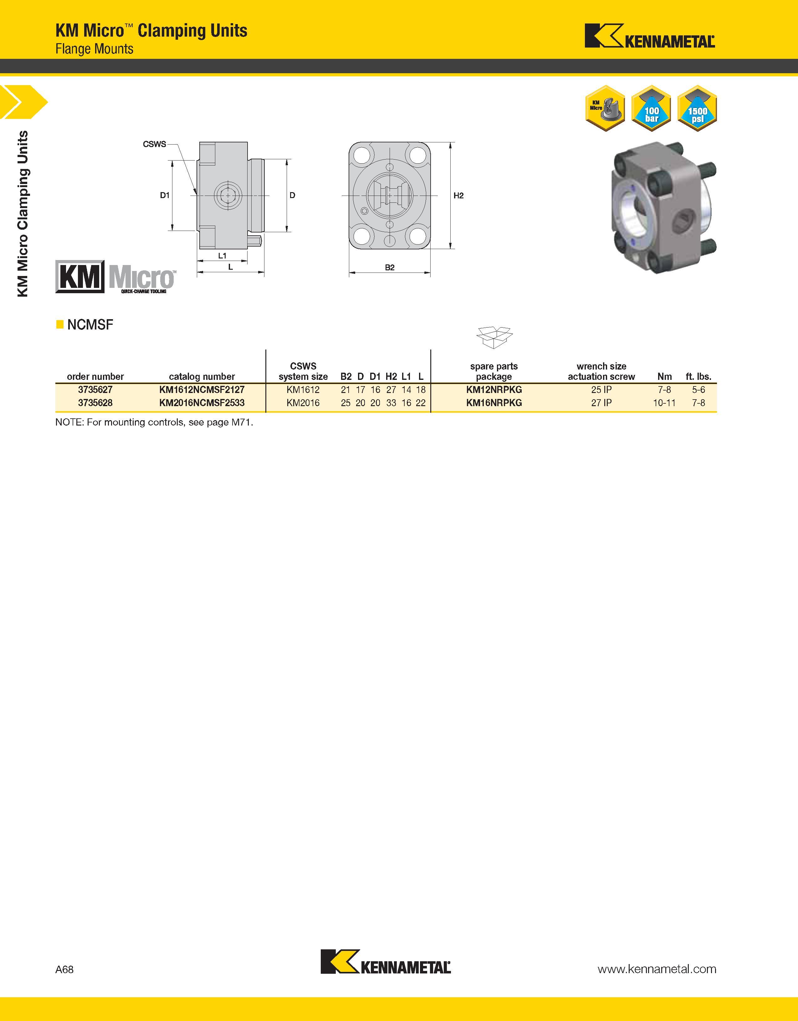 108 a KM Micro Clamping Units KM Micro Clamping Units Flange Mounts Kennametal CSWS KMl Micro QUICK-CHANGE TOOLING NCMSF order number catalog number Каталог KENNAMETAL 2013 Инструментальная оснастка и вспомогательный инструмент для универсальных металлорежущих станков и обрабатывающих центров с ЧПУ Стр. A68