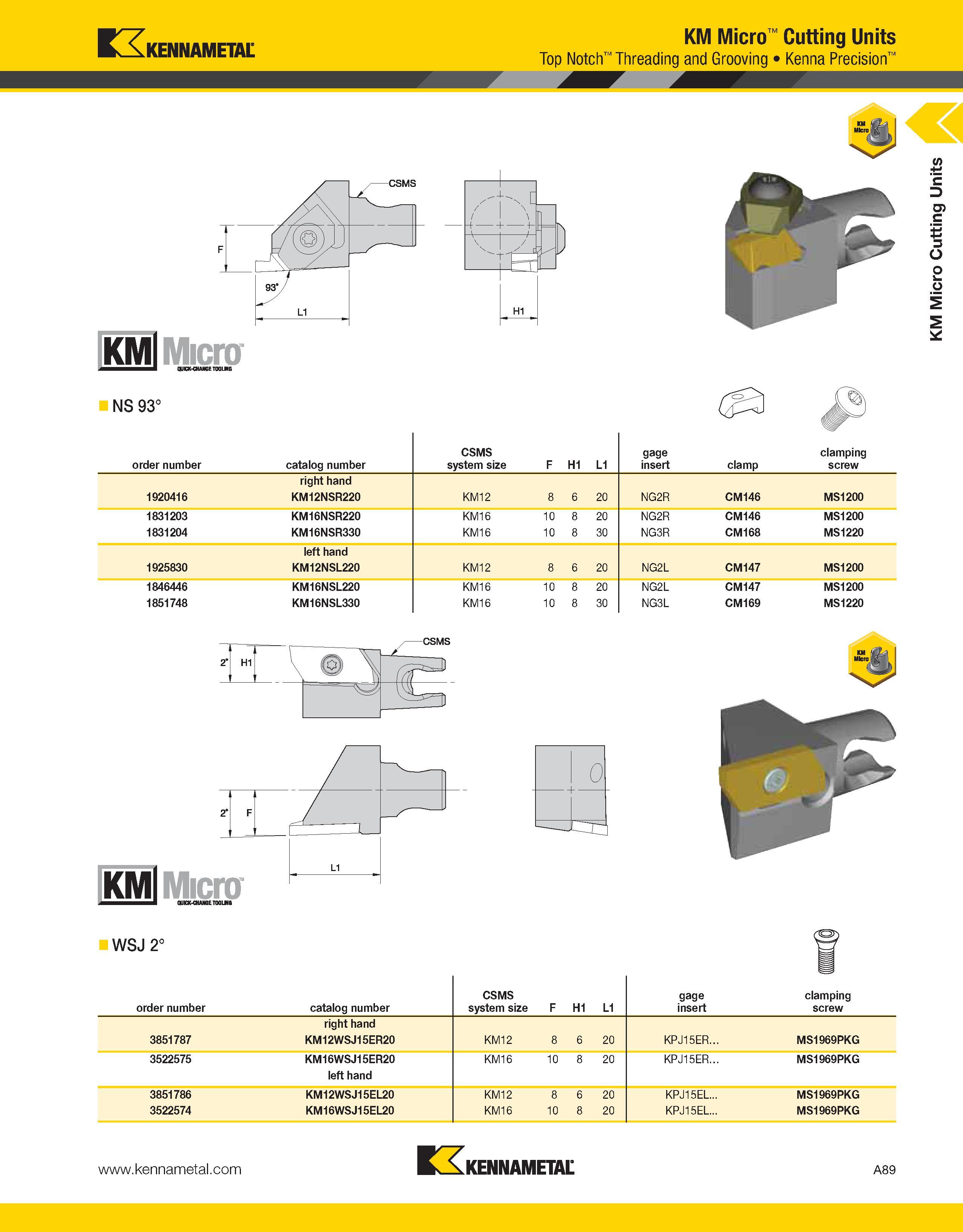 129 Kennametal NS 93° Micro QUICK-CHANGE TOOLMG KM Micro Cutting Units Top Notch Threading and Grooving Kenna Precision - r / \ 4 b- +- H1 order numb Каталог KENNAMETAL 2013 Инструментальная оснастка и вспомогательный инструмент для универсальных металлорежущих станков и обрабатывающих центров с ЧПУ Стр. A89