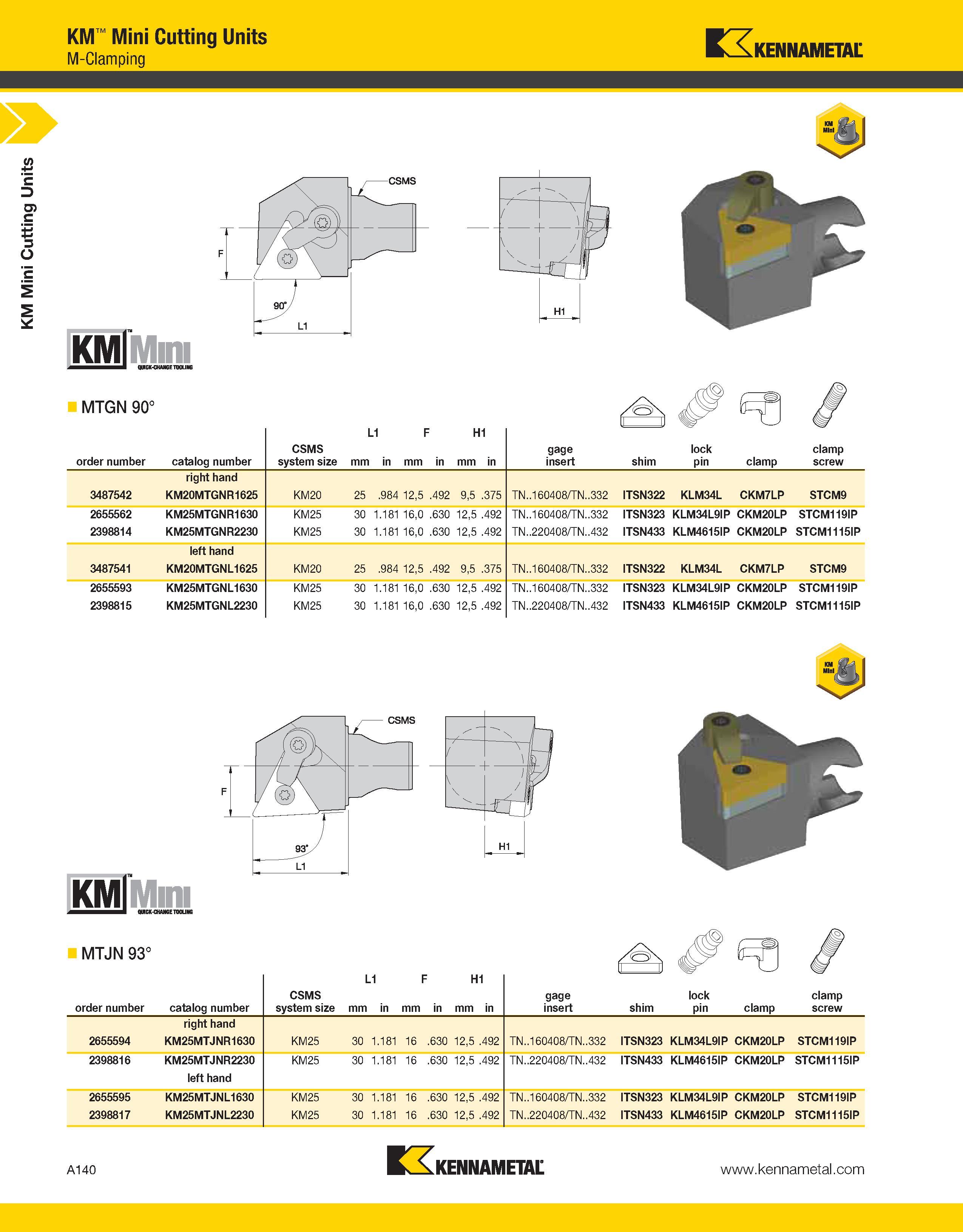 180 a KM Mini Cutting Units KM Mini Cutting Units M-Clamping Kennametal iKMlMm QUCK-CHAHGE TOUHG MTGN 90° order number catalog number CSMS system siz Каталог KENNAMETAL 2013 Инструментальная оснастка и вспомогательный инструмент для универсальных металлорежущих станков и обрабатывающих центров с ЧПУ Стр. A140