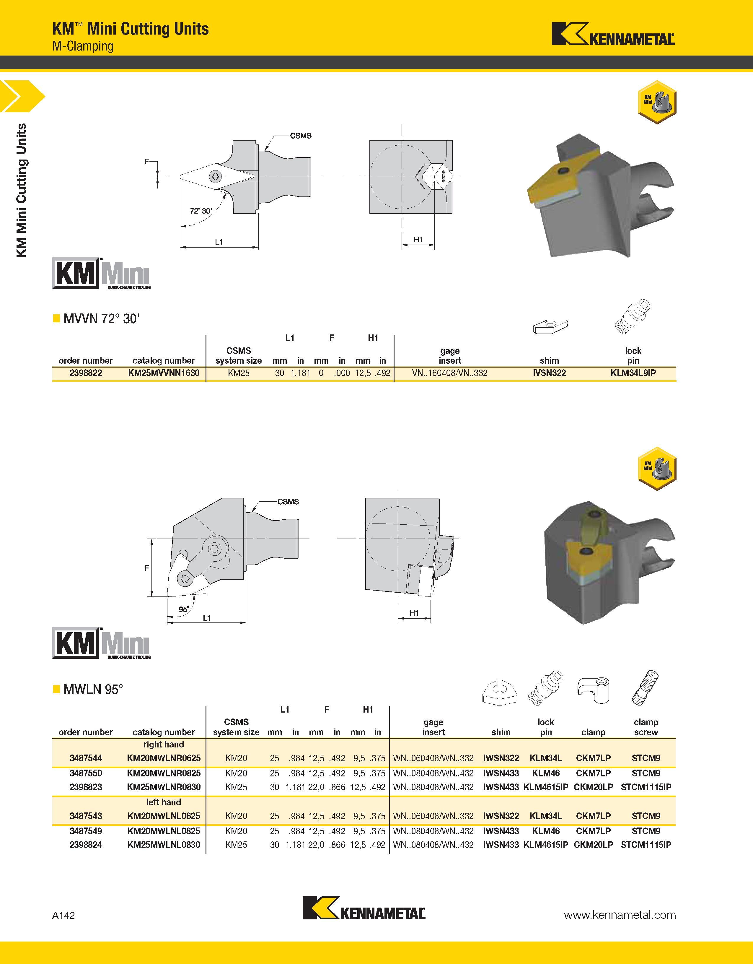 182 a KM Mini Cutting Units KM Mini Cutting Units M-Clamping fcAKENNAMElBL iKMlMm QWGK-CHAMGE TOOLING MVVN 72° 30' L1 F H1 CSMS gage lock order numbe Каталог KENNAMETAL 2013 Инструментальная оснастка и вспомогательный инструмент для универсальных металлорежущих станков и обрабатывающих центров с ЧПУ Стр. A142