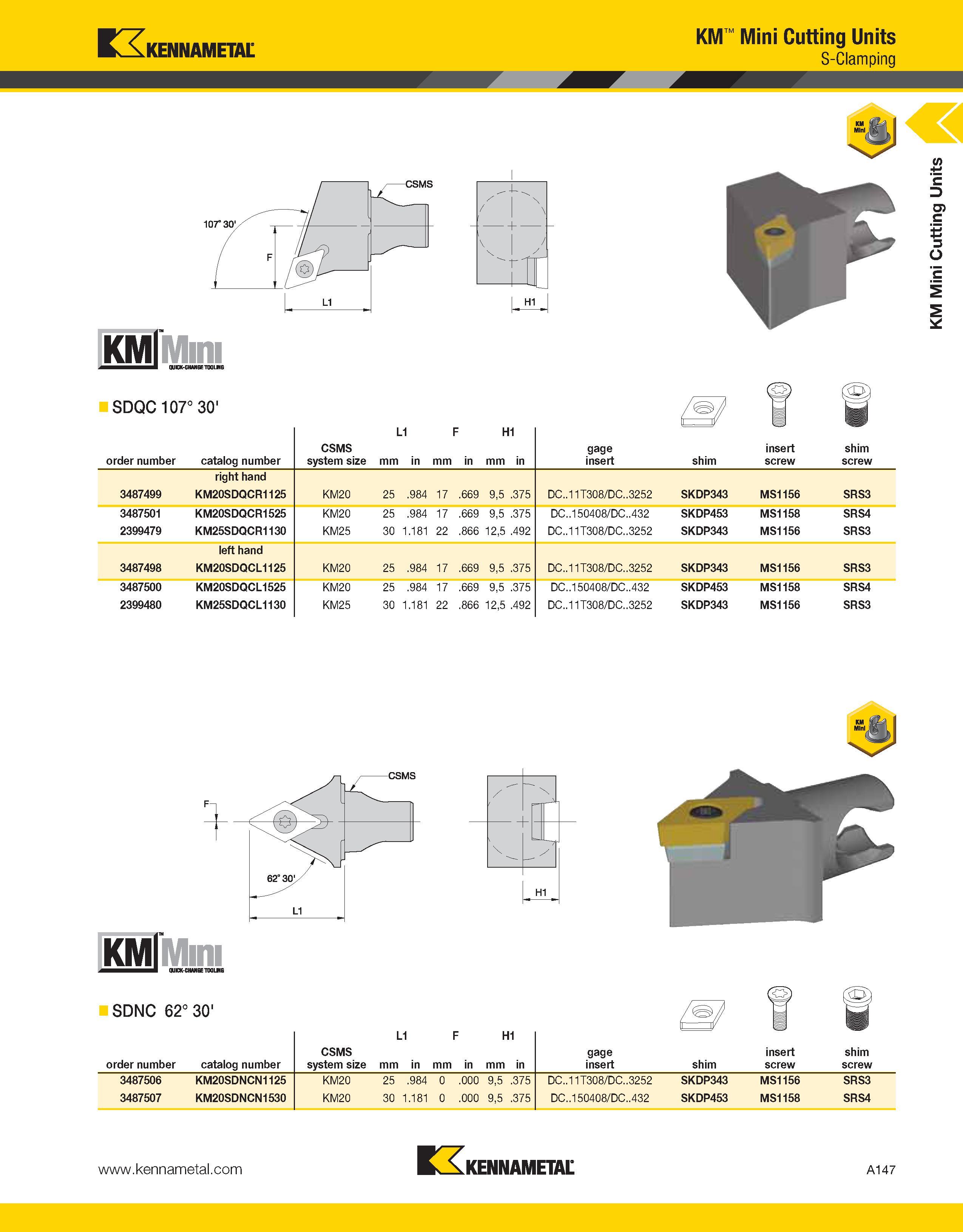 187 Kennametal KMlMini QUKK-GHAHGE TOOLHG H1 KM Mini Cutting Units S-Clamping SDQC 107° 30' order number catalog number CSMS system size L1 mm in mm Каталог KENNAMETAL 2013 Инструментальная оснастка и вспомогательный инструмент для универсальных металлорежущих станков и обрабатывающих центров с ЧПУ Стр. A147