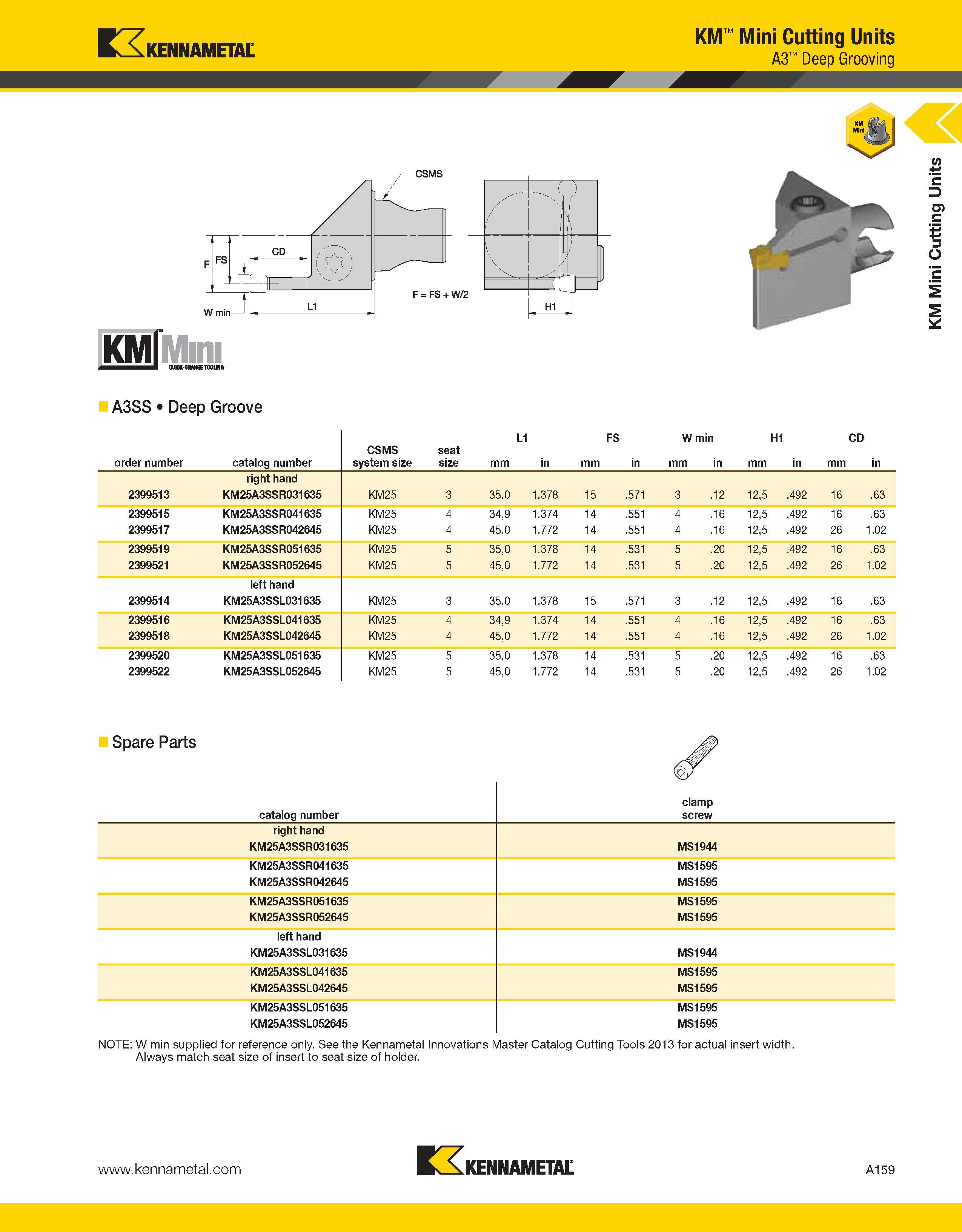 199 Kennametal KMlMini QUKK-UUHGE TOOLMG KM Mini Cutting Units A3 Deep Grooving A3SS Deep Groove Spare Parts NOTE: W min supplied for reference only Каталог KENNAMETAL 2013 Инструментальная оснастка и вспомогательный инструмент для универсальных металлорежущих станков и обрабатывающих центров с ЧПУ Стр. A159