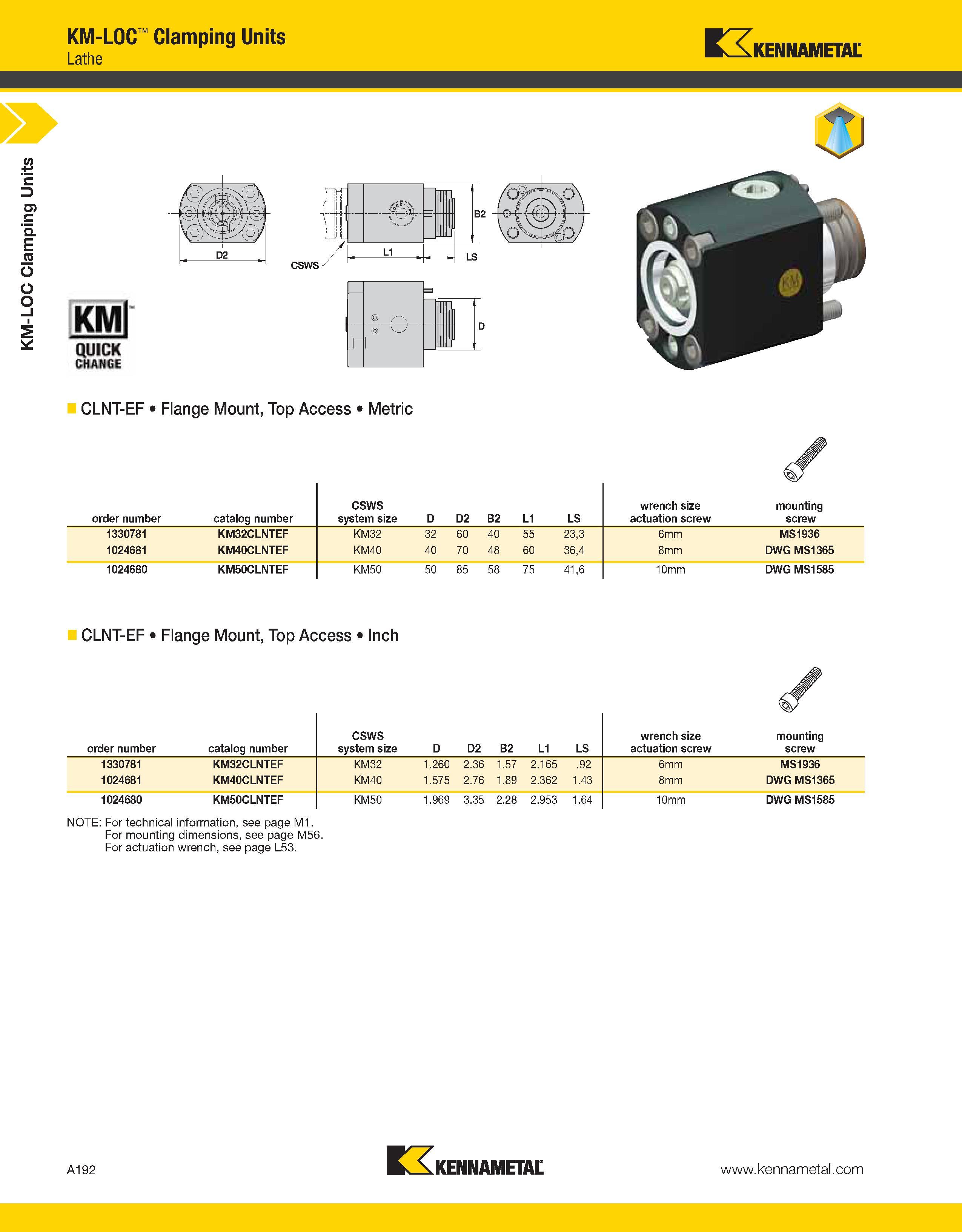 232 a KM-LOC Clamping Units KM-LOC Clamping Units Lathe Kennametal in CLNT-EF Flange Mount, Top Access Metric order number catalog number CSWS system Каталог KENNAMETAL 2013 Инструментальная оснастка и вспомогательный инструмент для универсальных металлорежущих станков и обрабатывающих центров с ЧПУ Стр. A192