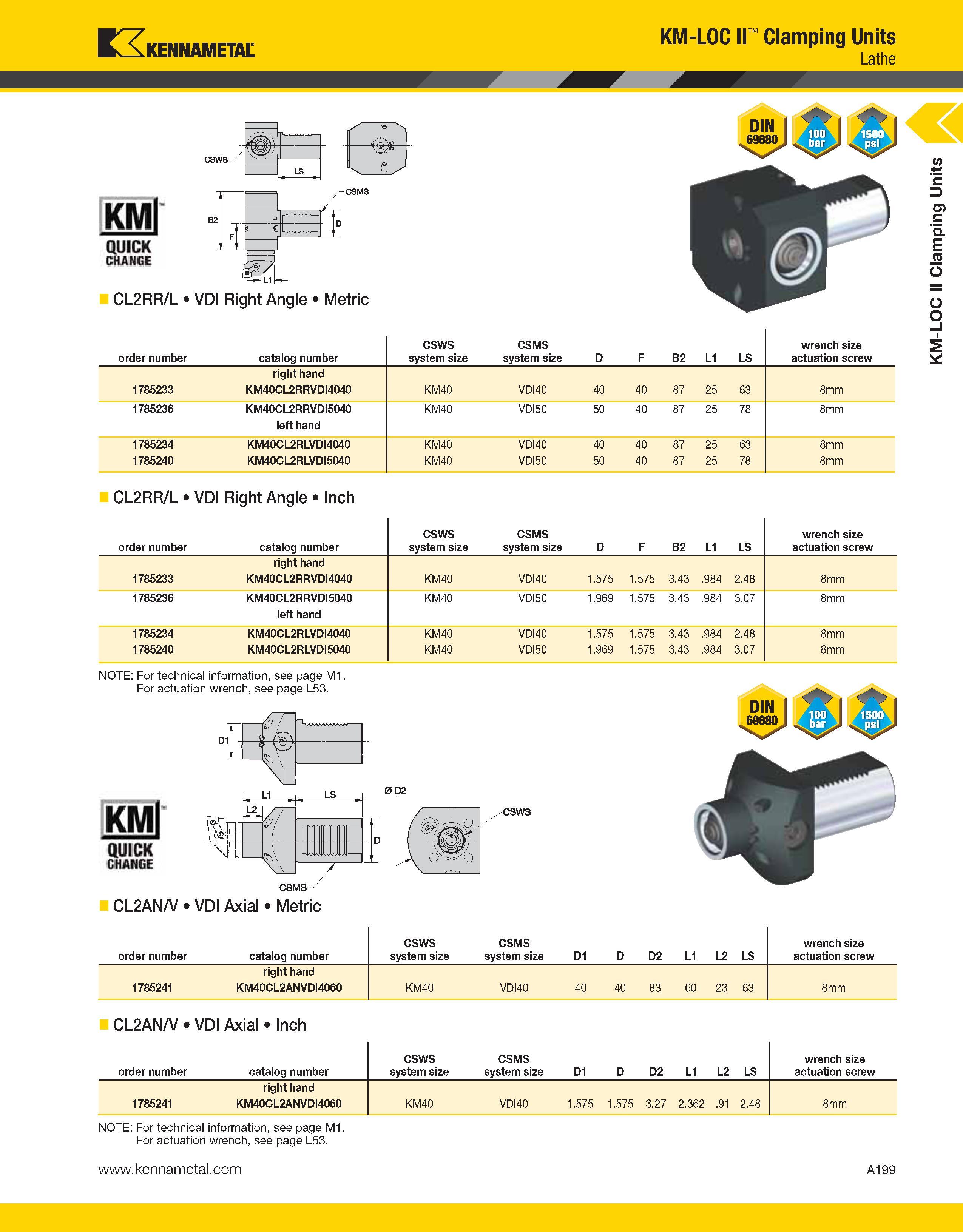 239 Kennametal KM-LOC II Clamping Units Lathe KMl QUICK CHANGE Q CL2RR/L VDI Right Angle Metric order number catalog number CSWS system size CSMS sys Каталог KENNAMETAL 2013 Инструментальная оснастка и вспомогательный инструмент для универсальных металлорежущих станков и обрабатывающих центров с ЧПУ Стр. A199