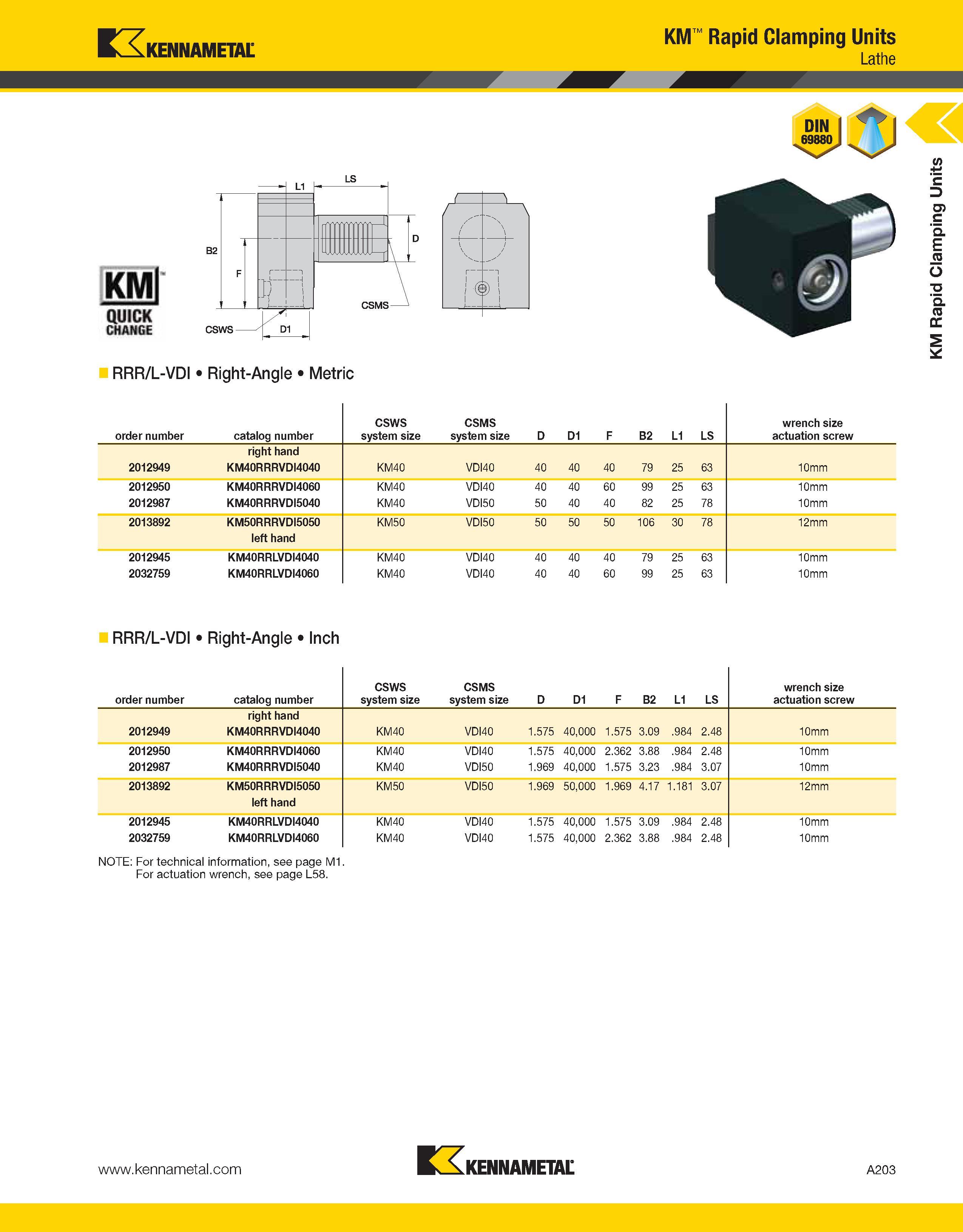243 Kennametal KM Rapid Clamping Units Lathe -H L1 B2 U j I -jr-1 LS CSWS ' D1 RRR/L-VDI Right-Angle Metric ( 'l / ( _ H P 1 order number catalog num Каталог KENNAMETAL 2013 Инструментальная оснастка и вспомогательный инструмент для универсальных металлорежущих станков и обрабатывающих центров с ЧПУ Стр. A203