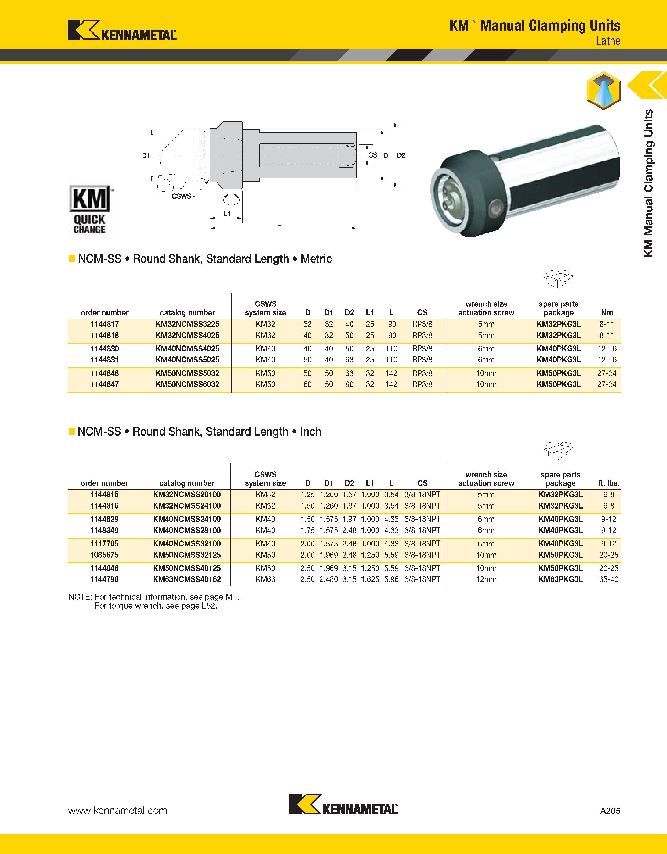 245 Kennametal KMl QUICK CHANGE NCM-SS Round Shank, Standard Length Metric KM Manual Clamping Units Lathe order number catalog number CSWS system siz Каталог KENNAMETAL 2013 Инструментальная оснастка и вспомогательный инструмент для универсальных металлорежущих станков и обрабатывающих центров с ЧПУ Стр. A205