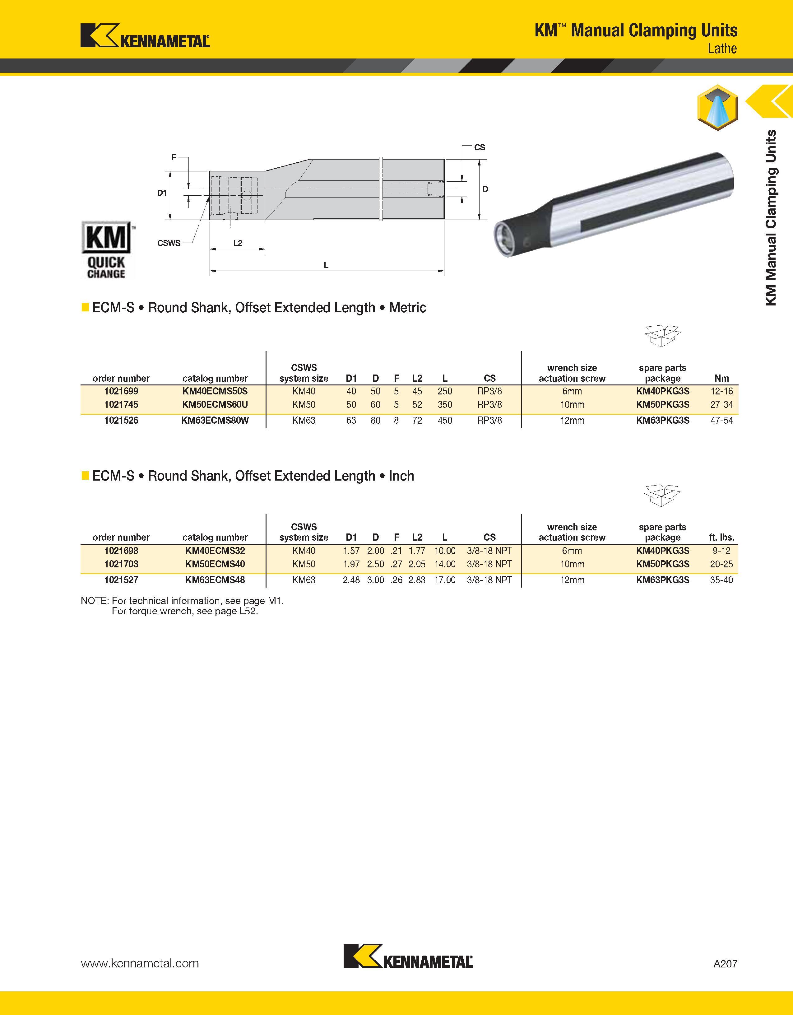 247 Kennametal KM Manual Clamping Units Lathe KMl QUICK CHANGE csws ECM-S Round Shank, Offset Extended Length Metric order number catalog number CSWS Каталог KENNAMETAL 2013 Инструментальная оснастка и вспомогательный инструмент для универсальных металлорежущих станков и обрабатывающих центров с ЧПУ Стр. A207