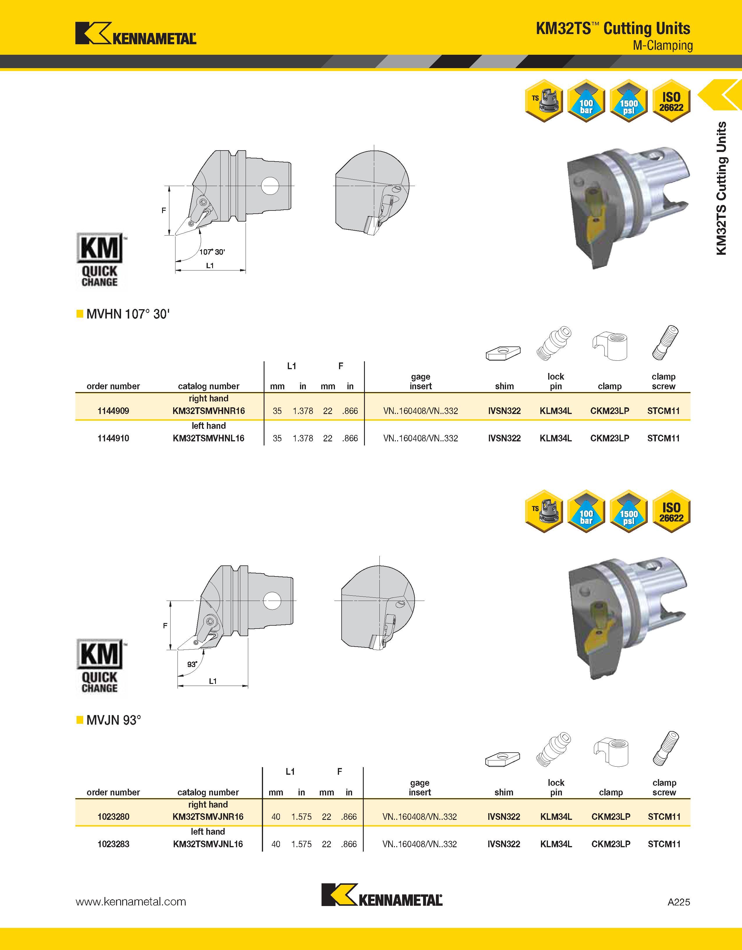 265 Kennametal KM32TS Cutting Units M-Clamping MVHN 107° 30' order number catalog number mm L1 in F mm in gage insert shim lock pin clamp clamp screw Каталог KENNAMETAL 2013 Инструментальная оснастка и вспомогательный инструмент для универсальных металлорежущих станков и обрабатывающих центров с ЧПУ Стр. A225